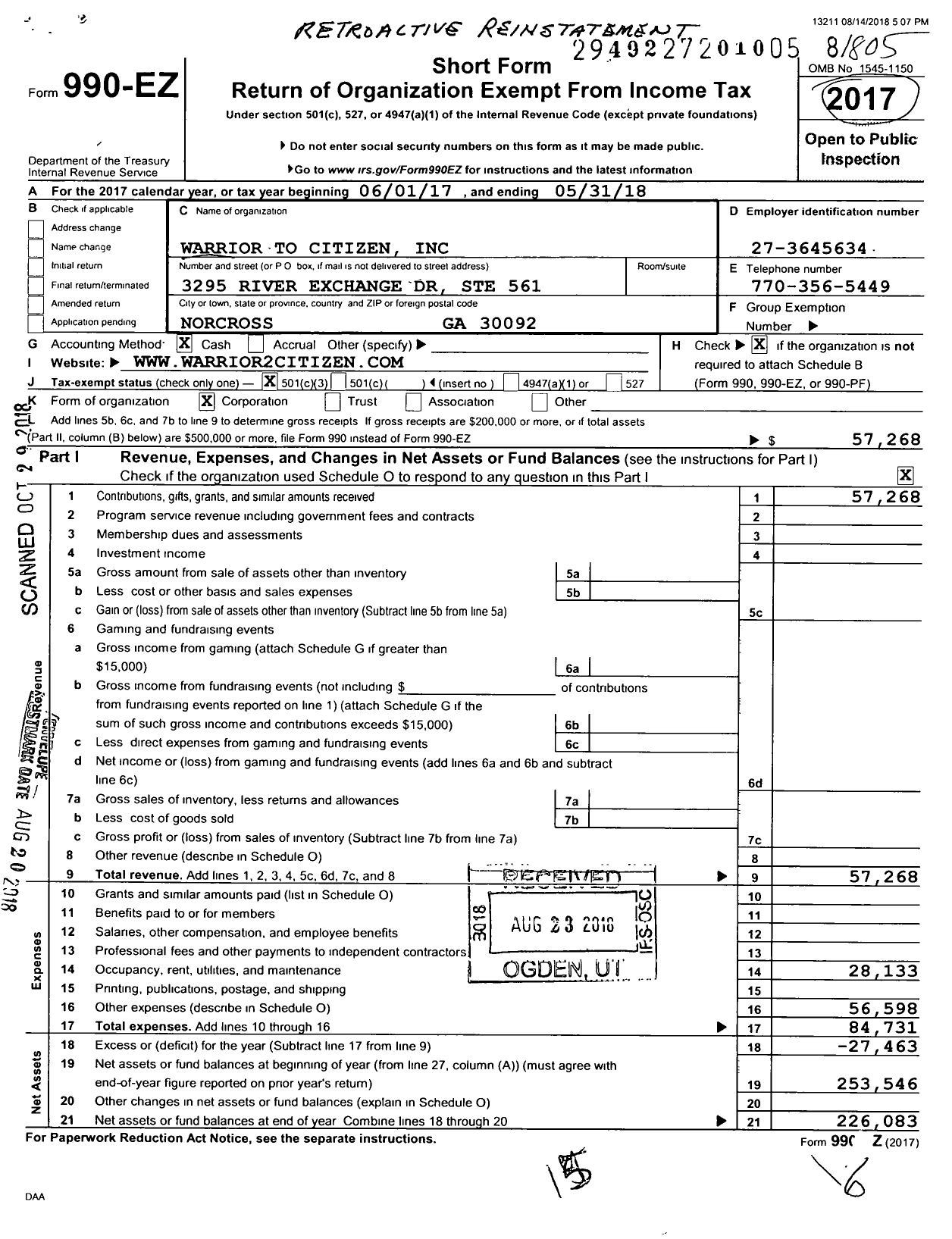 Image of first page of 2017 Form 990EZ for Warrior To Citizen