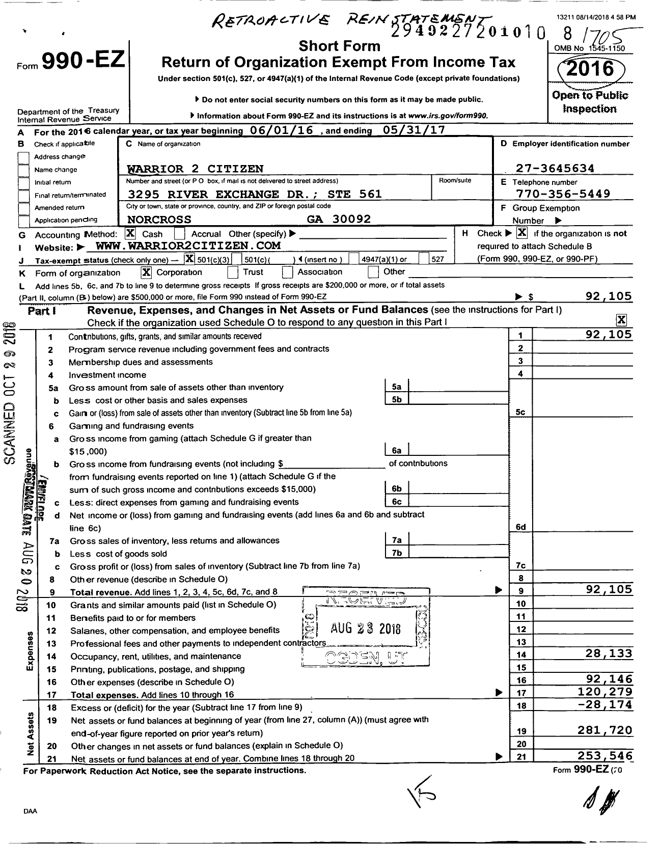 Image of first page of 2016 Form 990EZ for Warrior To Citizen