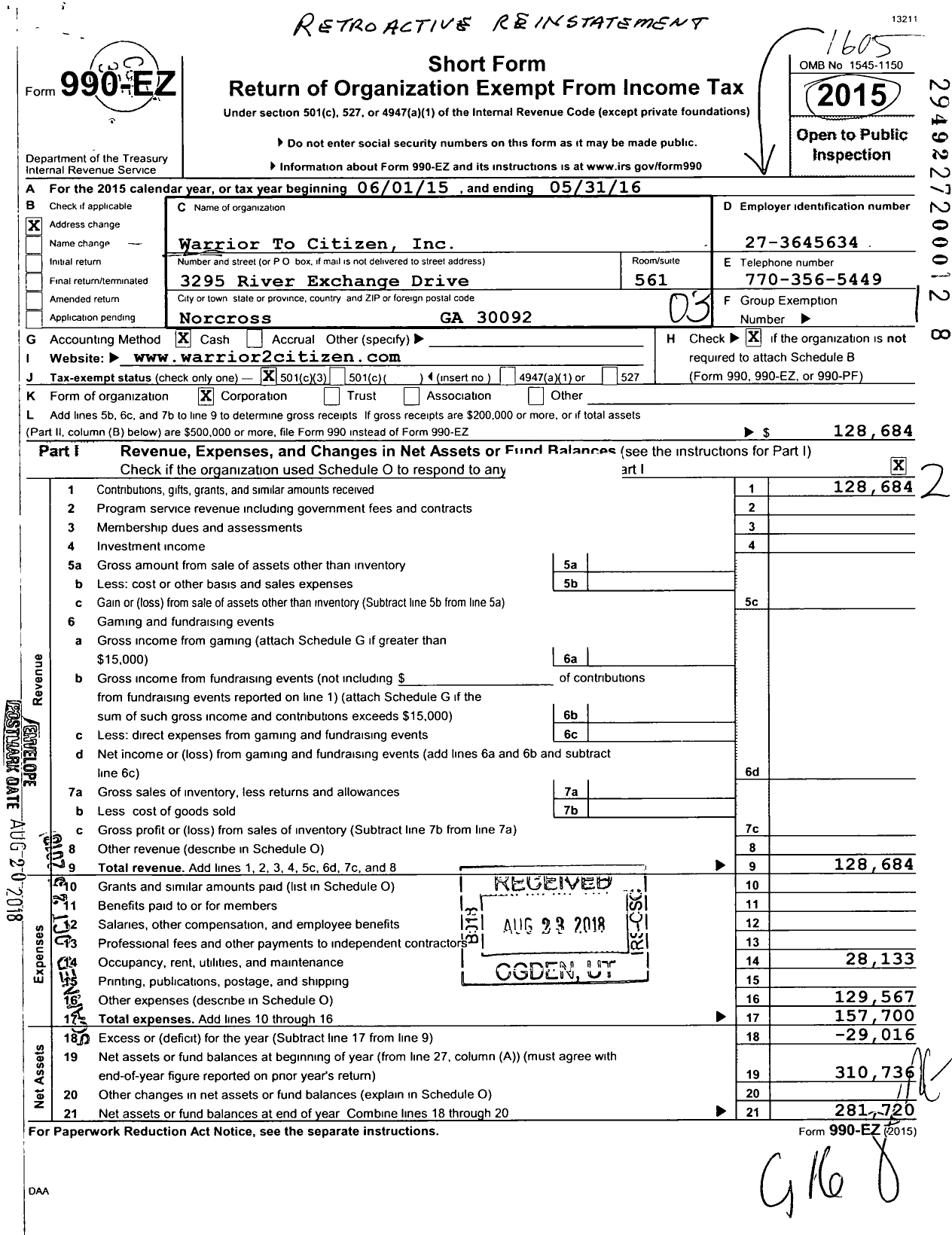 Image of first page of 2015 Form 990EZ for Warrior To Citizen