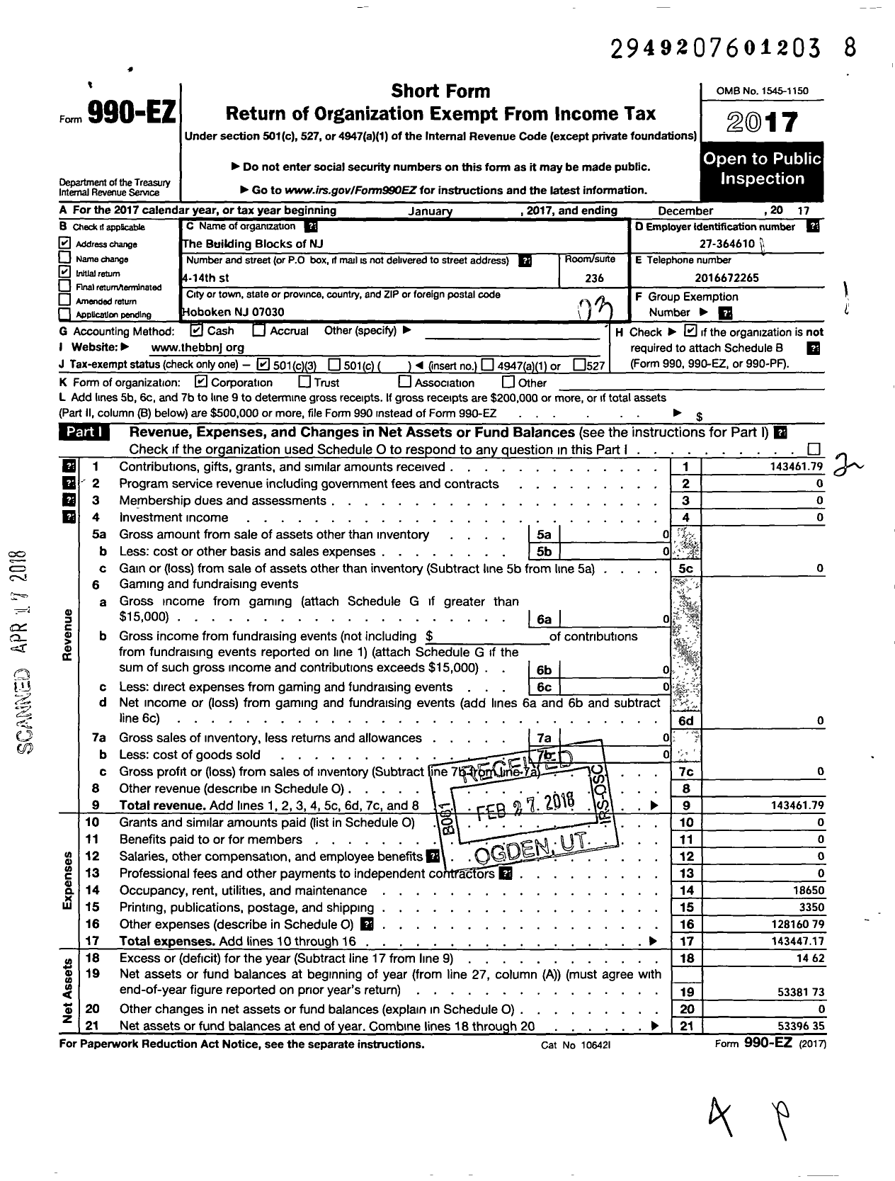 Image of first page of 2017 Form 990EZ for Building Blocks of NJ