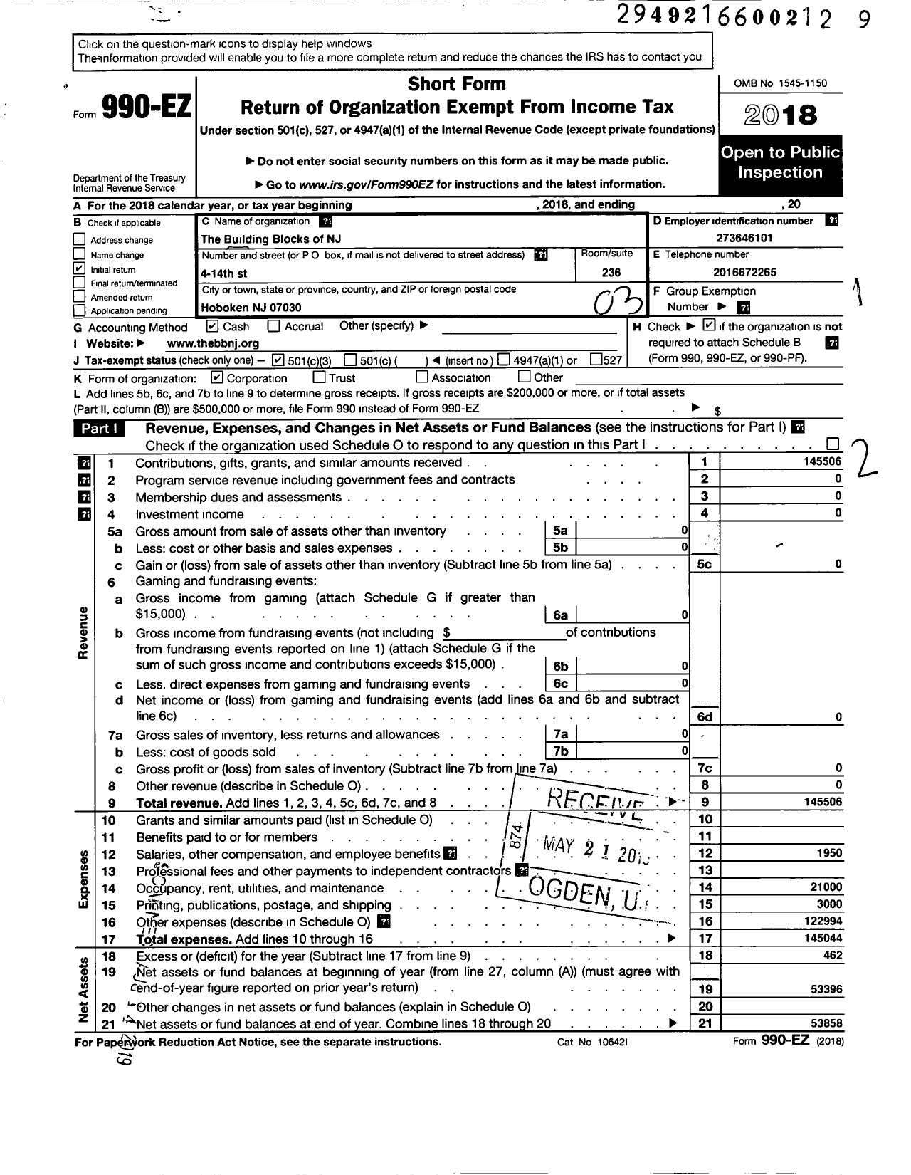 Image of first page of 2018 Form 990EZ for Building Blocks of NJ