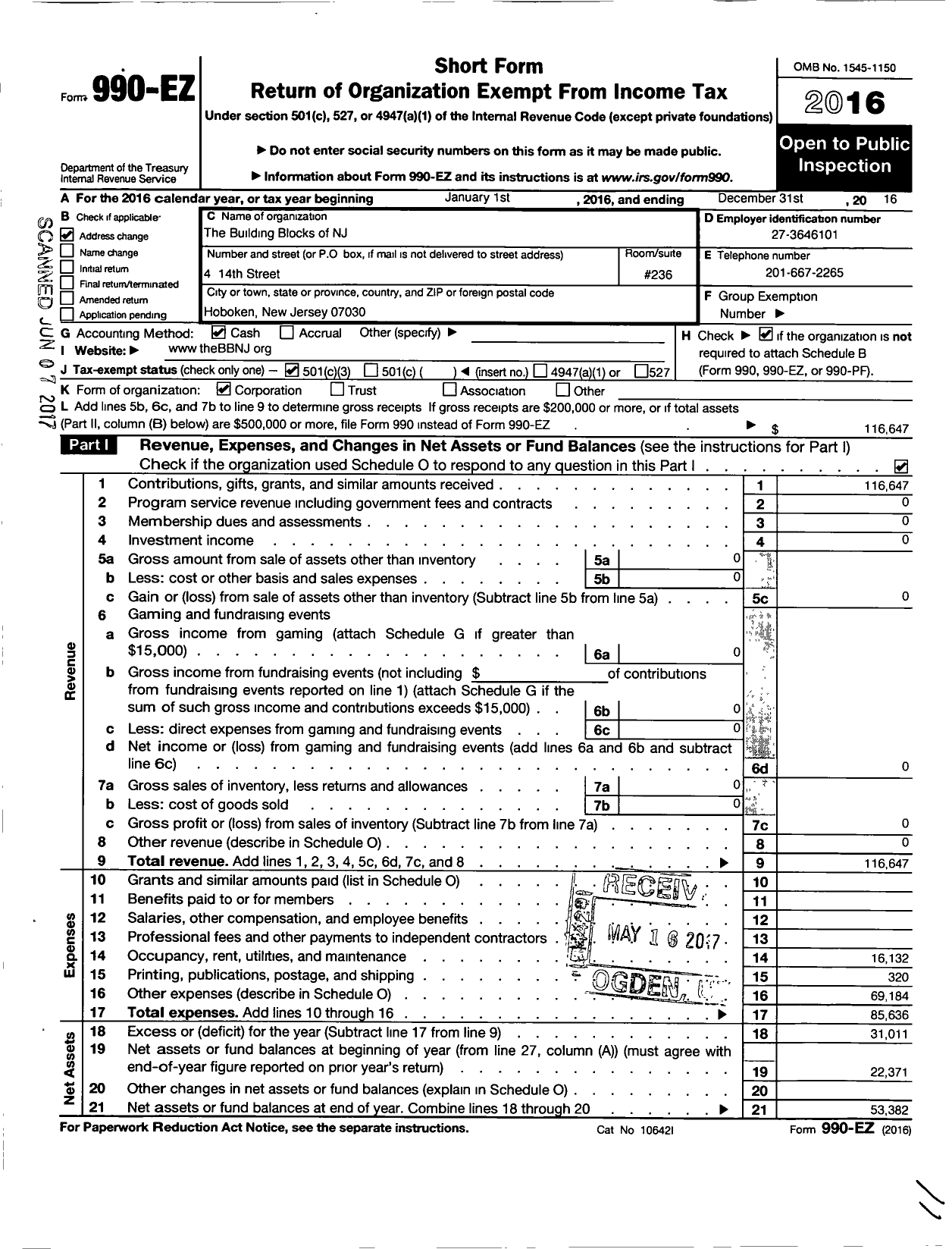 Image of first page of 2016 Form 990EZ for Building Blocks of NJ