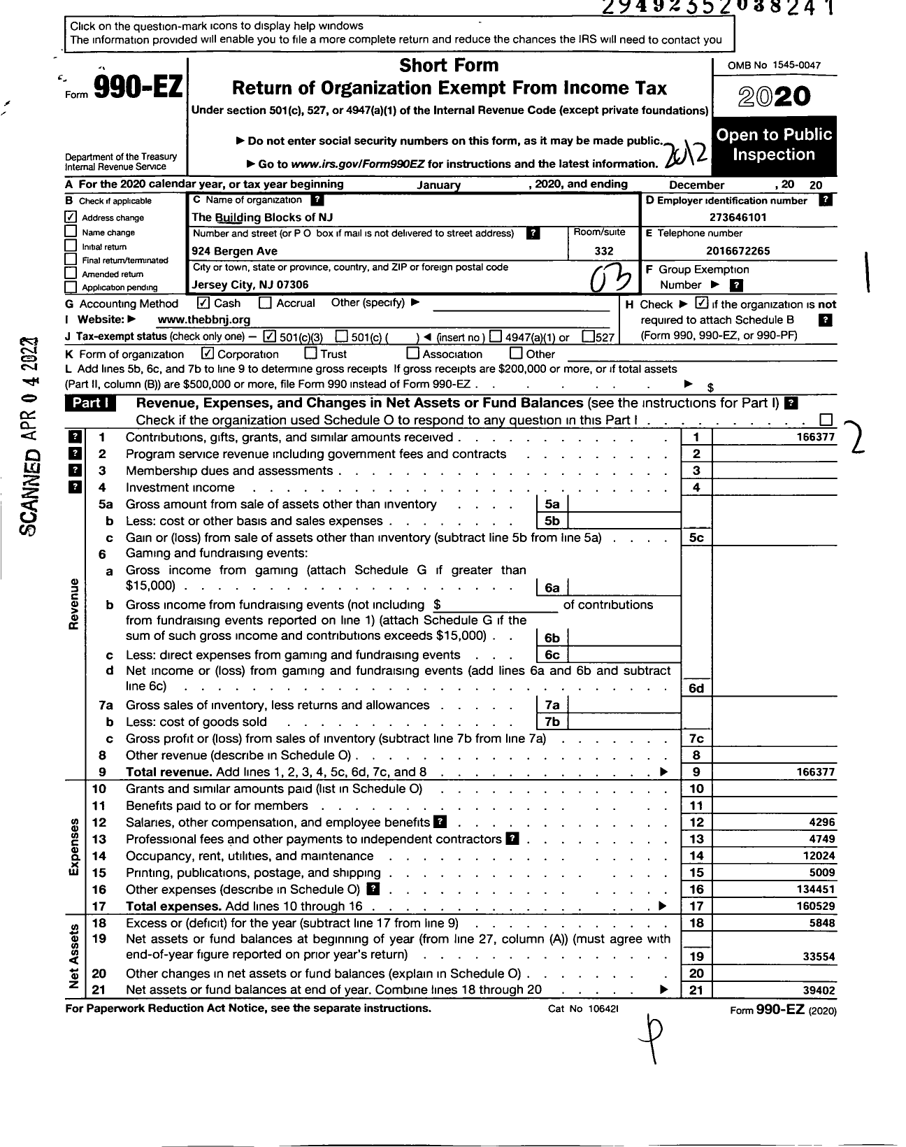 Image of first page of 2020 Form 990EZ for Building Blocks of NJ