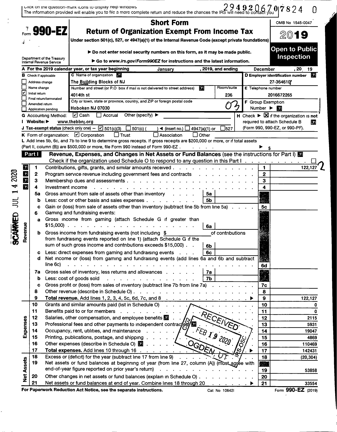 Image of first page of 2019 Form 990EZ for Building Blocks of NJ