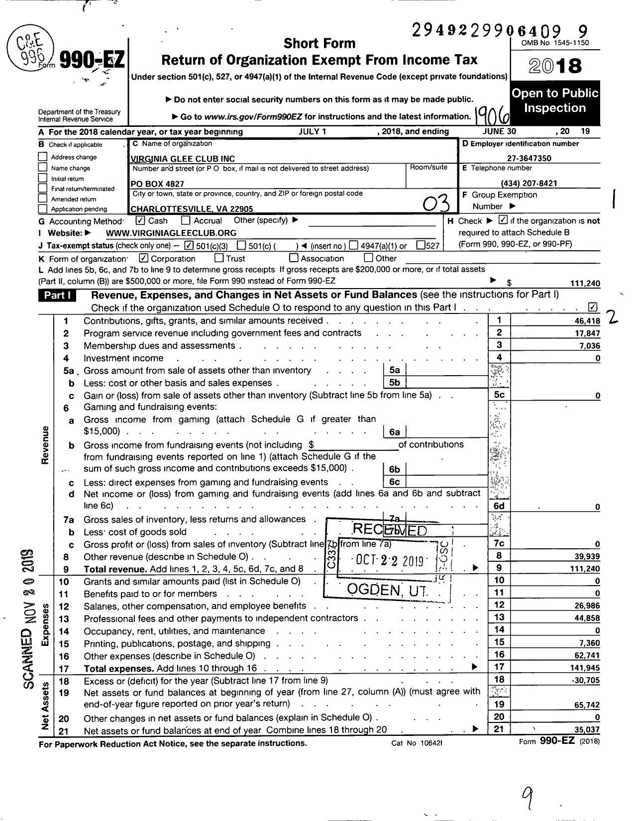 Image of first page of 2018 Form 990EZ for Virginia Glee Club