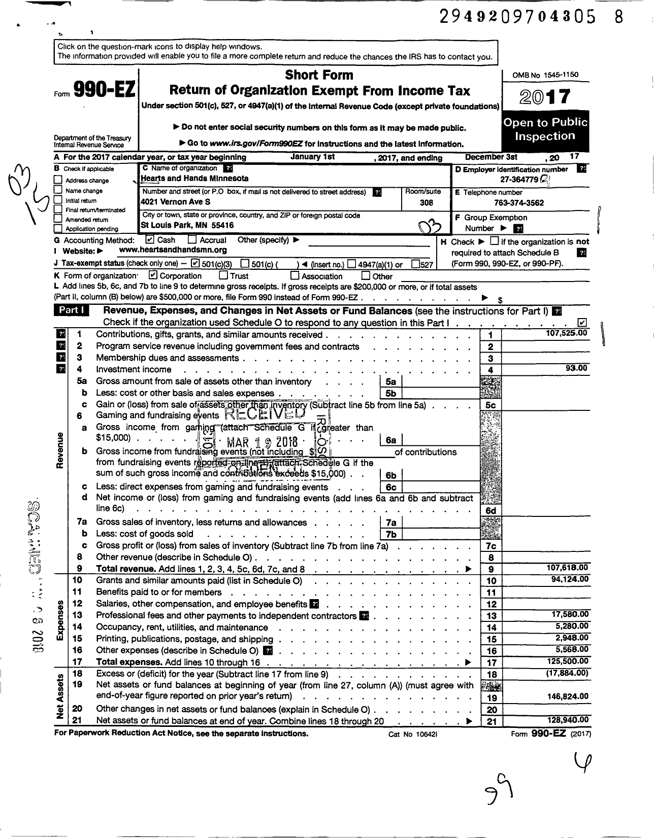 Image of first page of 2017 Form 990EZ for Hearts and Hands MN