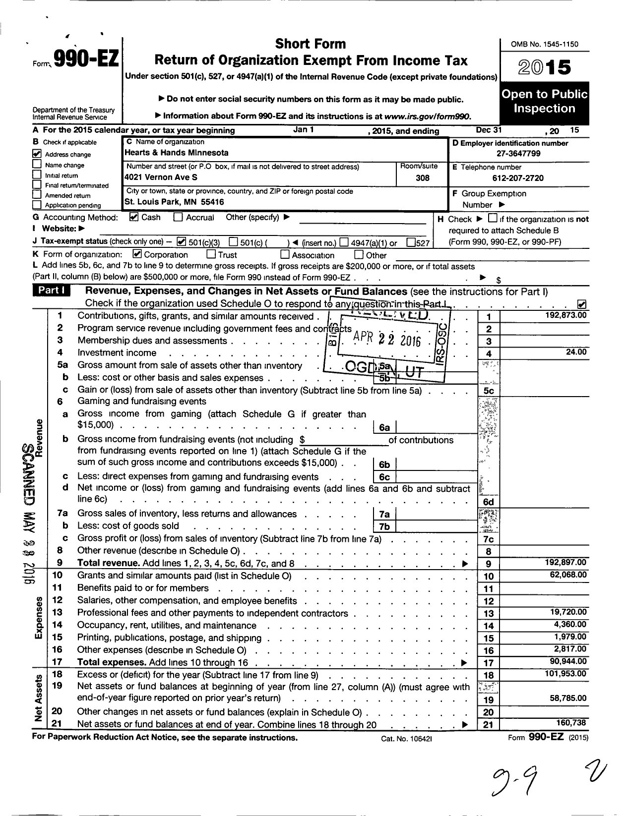 Image of first page of 2015 Form 990EZ for Hearts and Hands MN