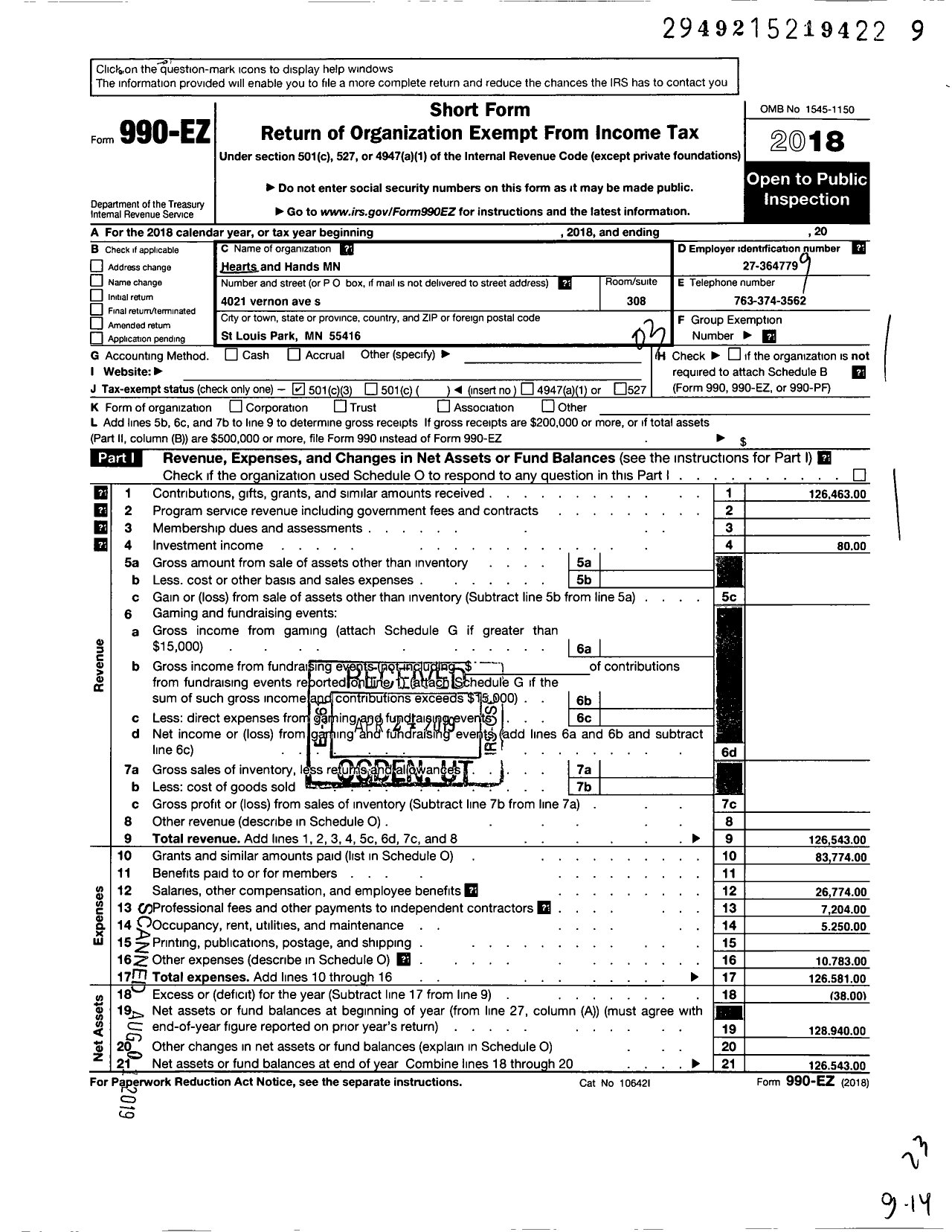 Image of first page of 2018 Form 990EZ for Hearts and Hands MN