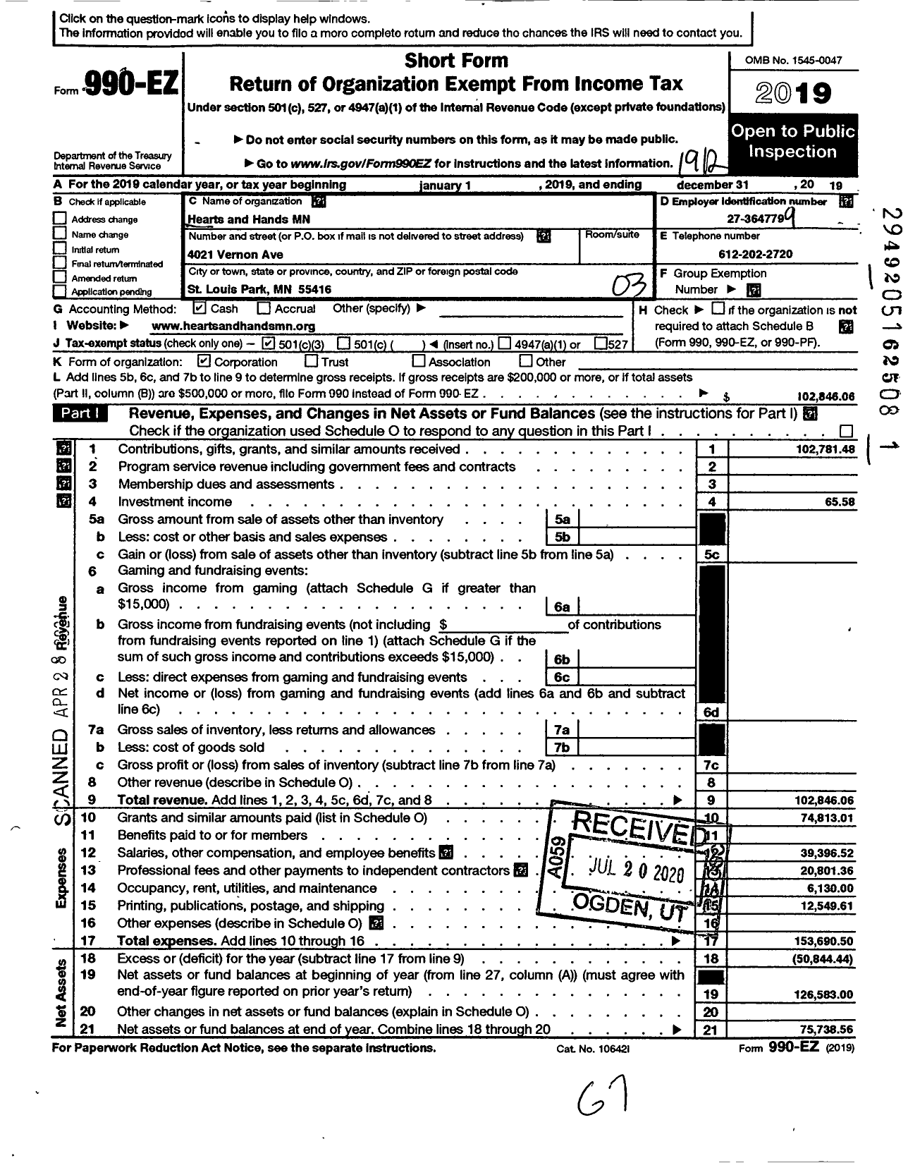 Image of first page of 2019 Form 990EZ for Hearts and Hands MN