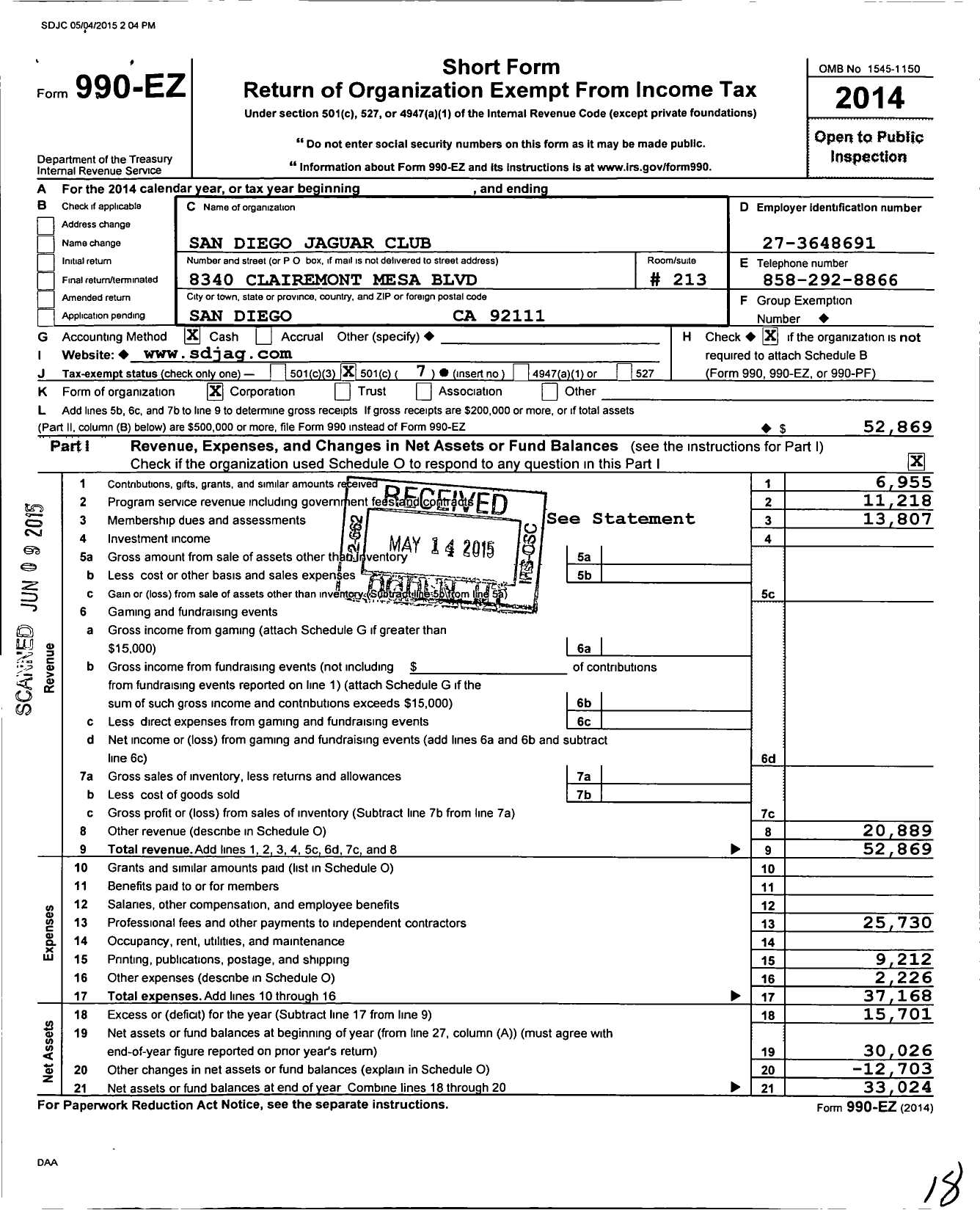 Image of first page of 2014 Form 990EO for San Diego Jaguar Club