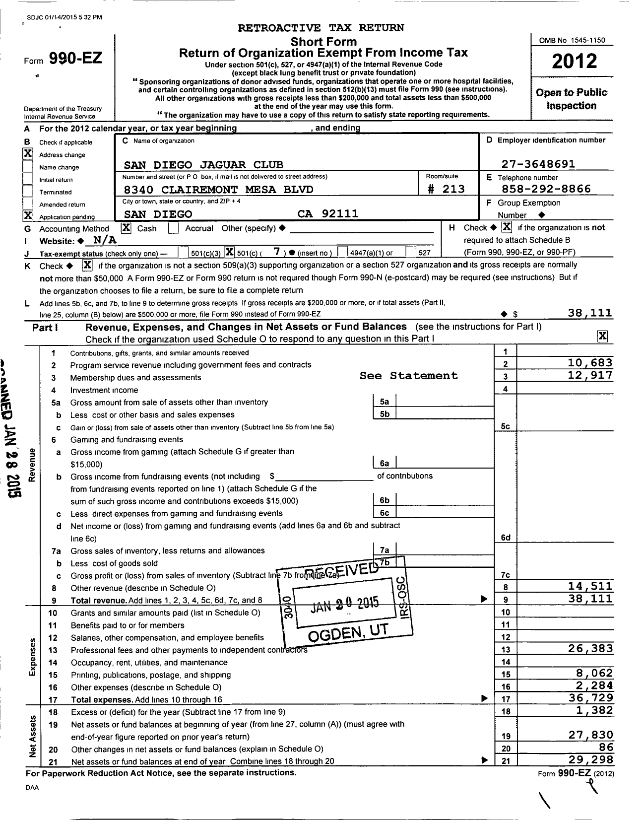 Image of first page of 2012 Form 990EO for San Diego Jaguar Club