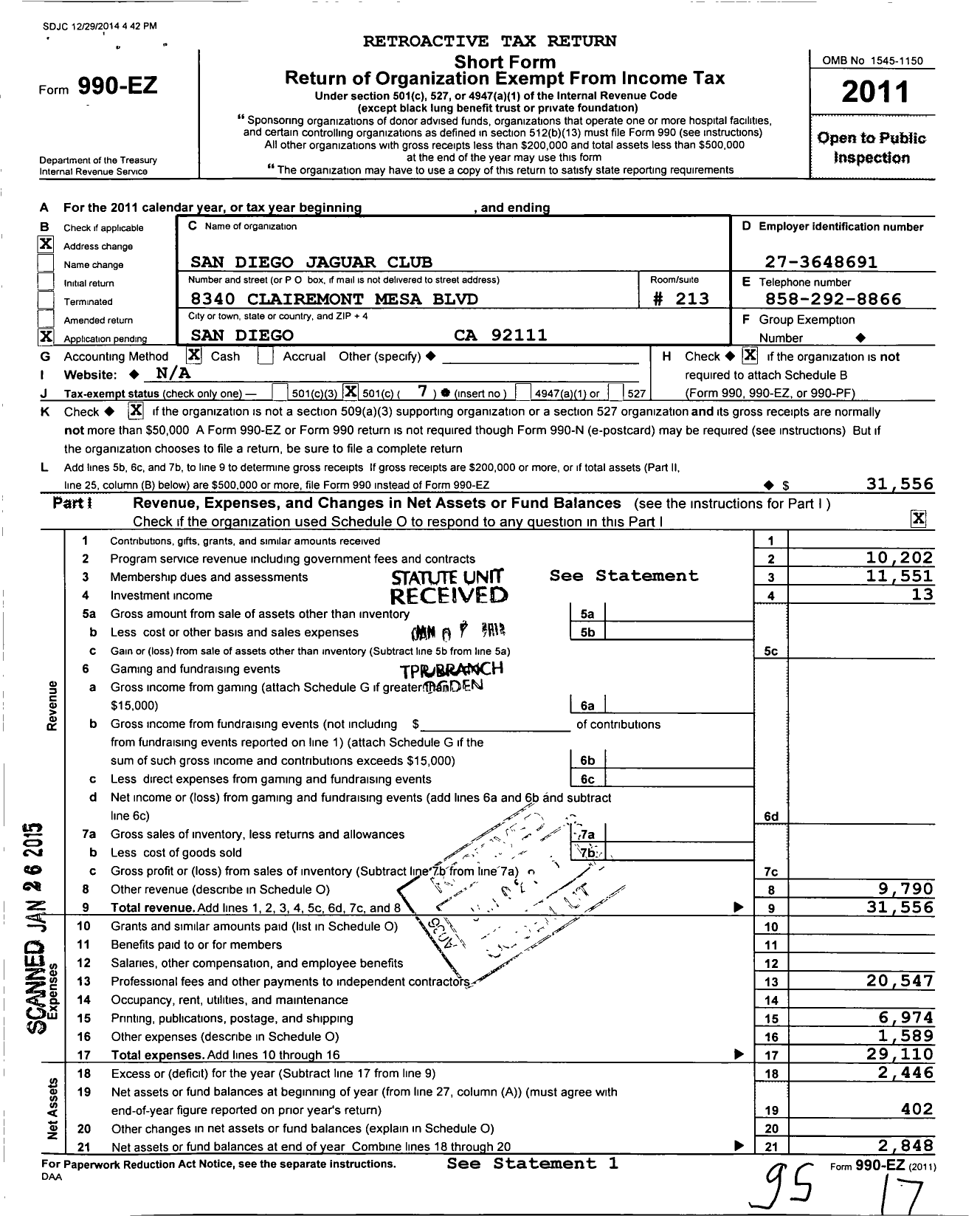 Image of first page of 2011 Form 990EO for San Diego Jaguar Club