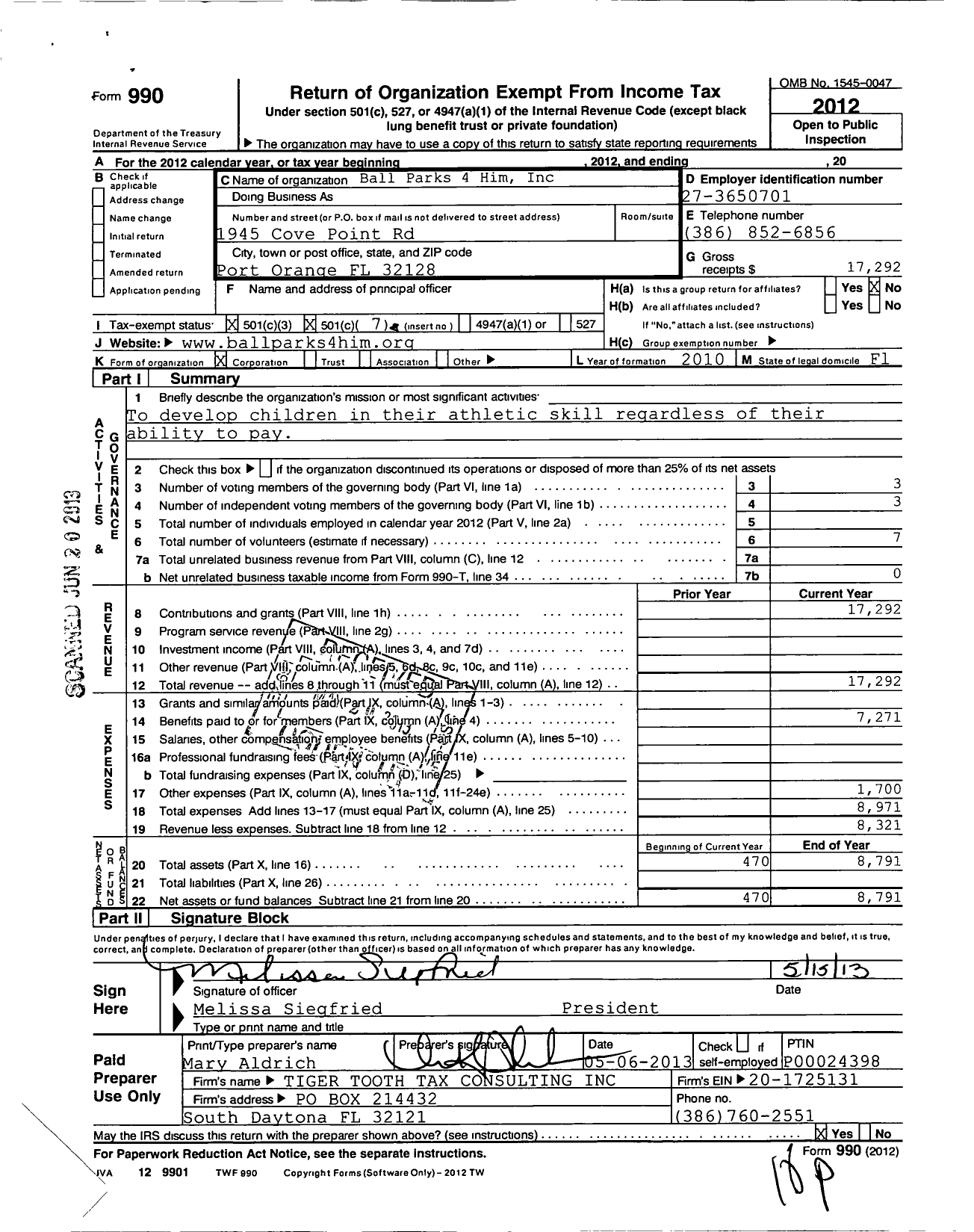 Image of first page of 2012 Form 990O for Ball Parks 4 Him