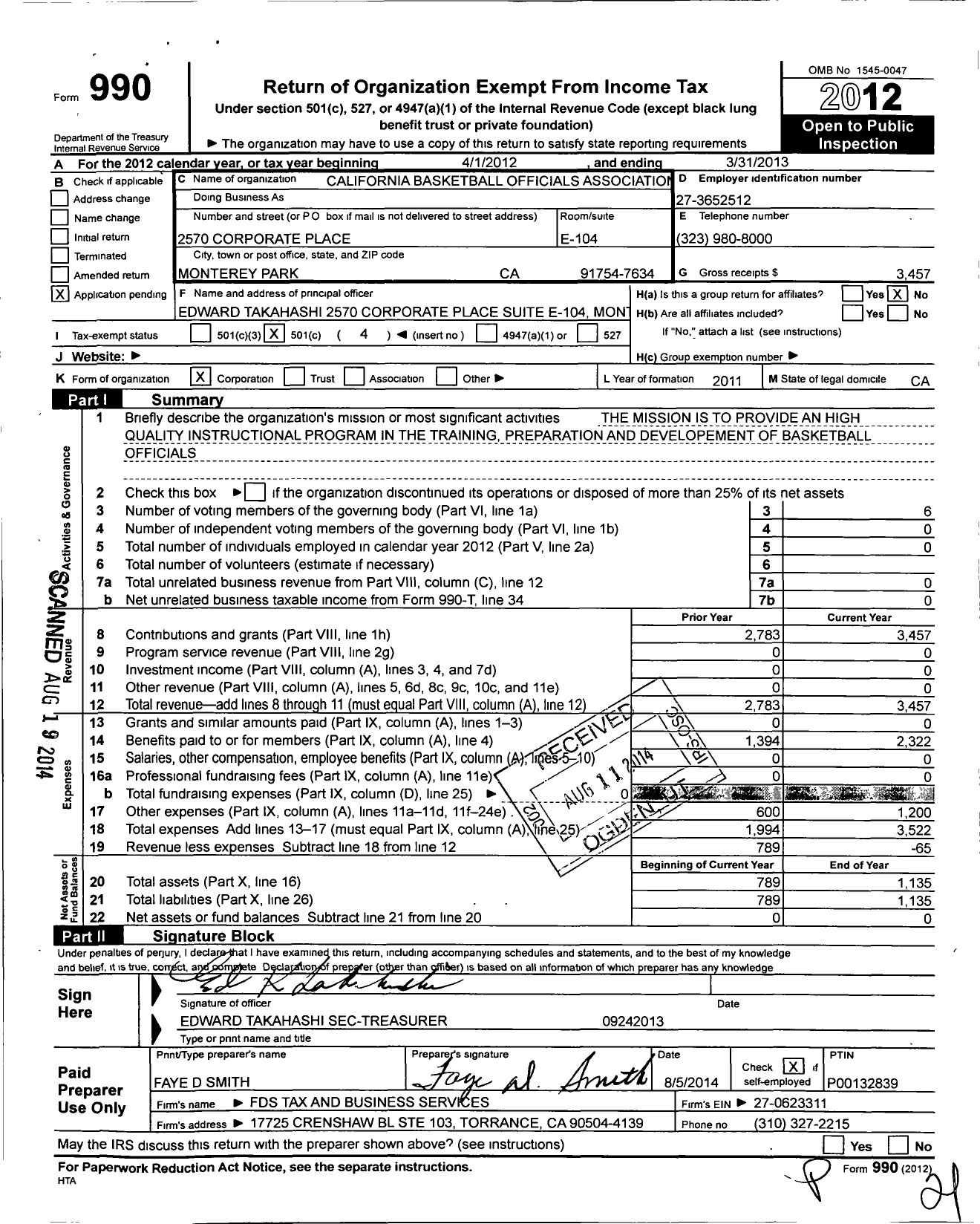 Image of first page of 2012 Form 990O for California Basketball Officials Association Southeastern Unit