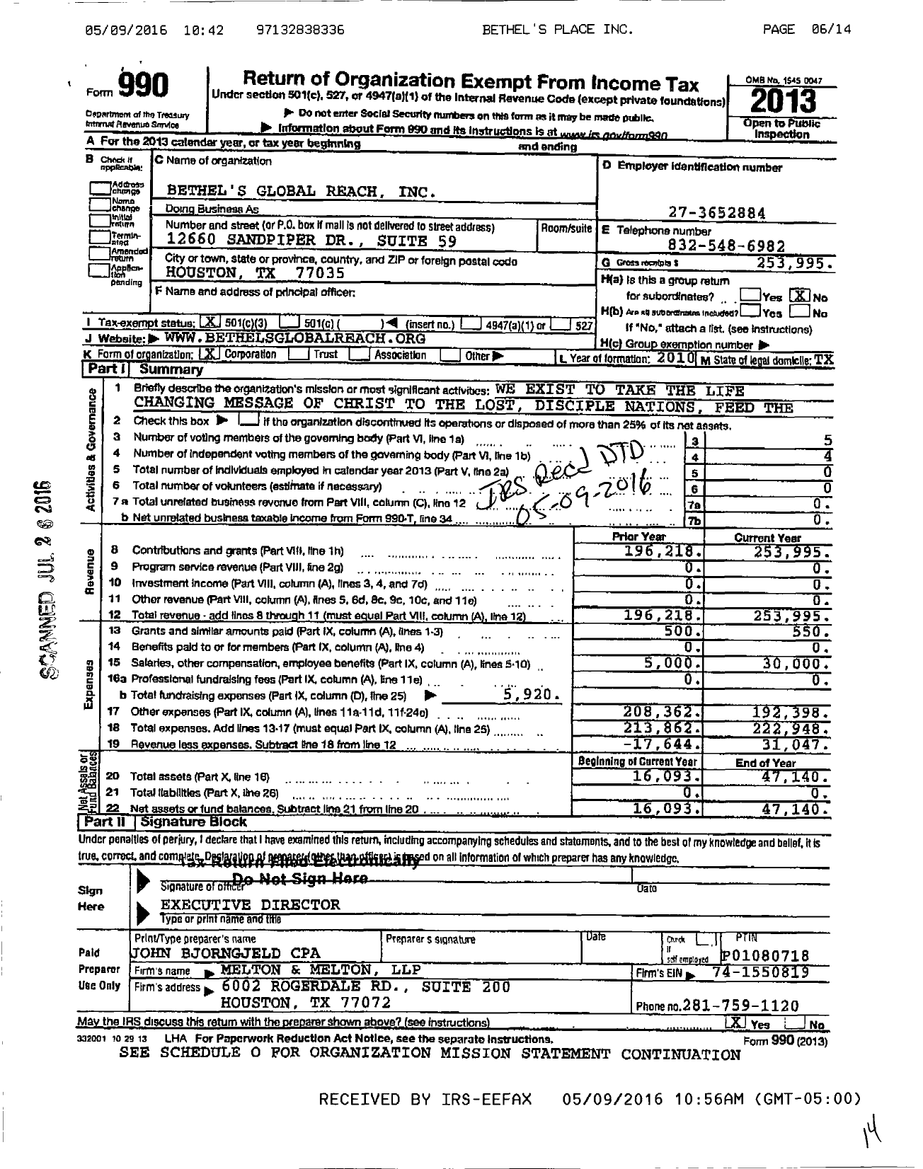 Image of first page of 2013 Form 990 for Bethel S Global Reach