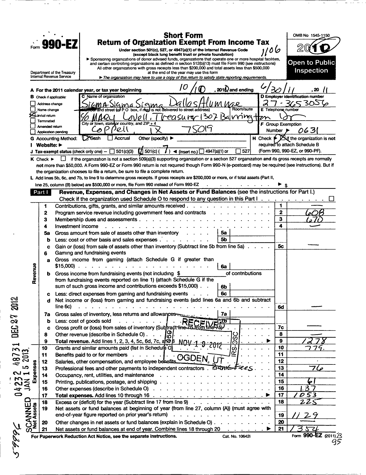 Image of first page of 2010 Form 990EO for Sigma Sigma Sigma / Dallas Alumnae Chapter