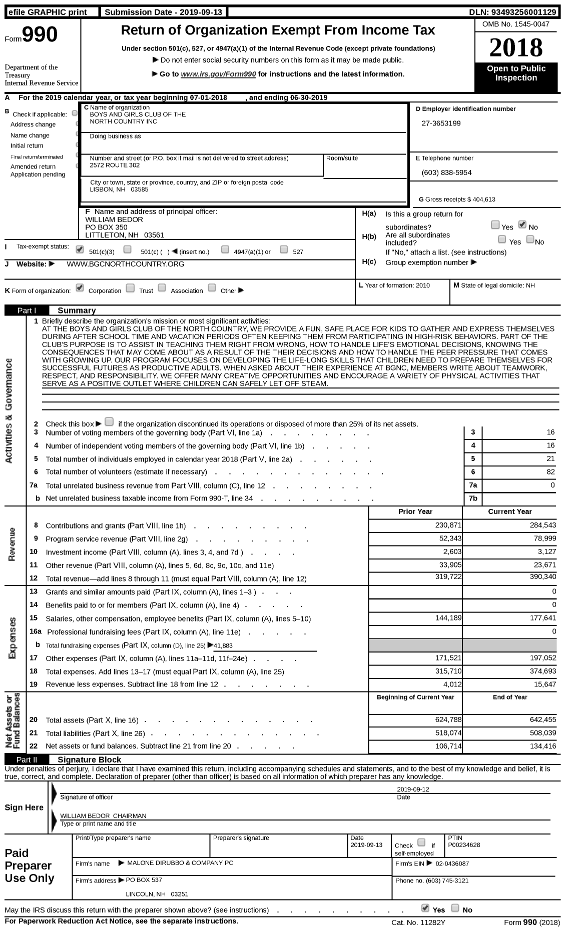 Image of first page of 2018 Form 990 for Boys and Girls Club of the North Country