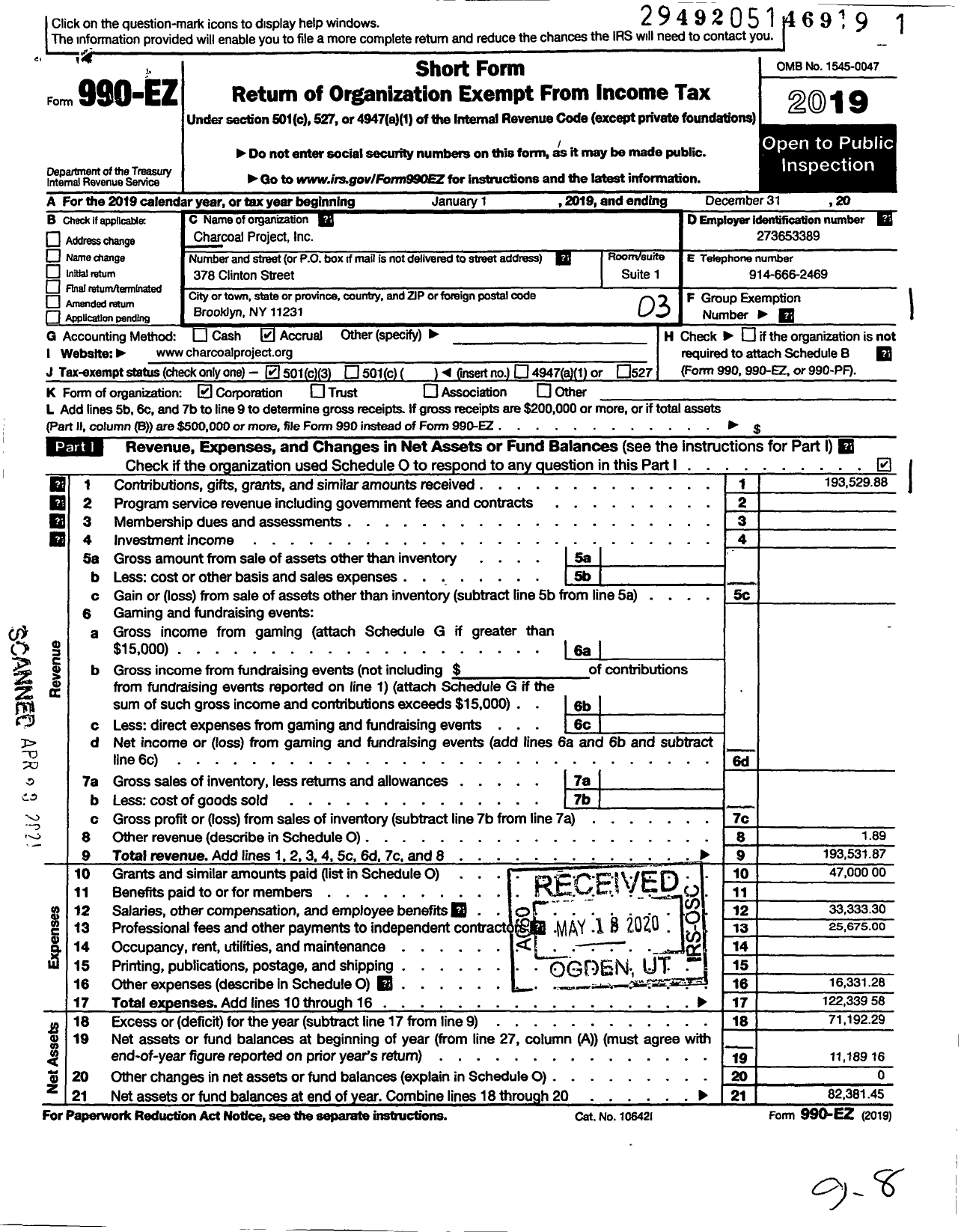 Image of first page of 2019 Form 990EZ for Charcoal Project