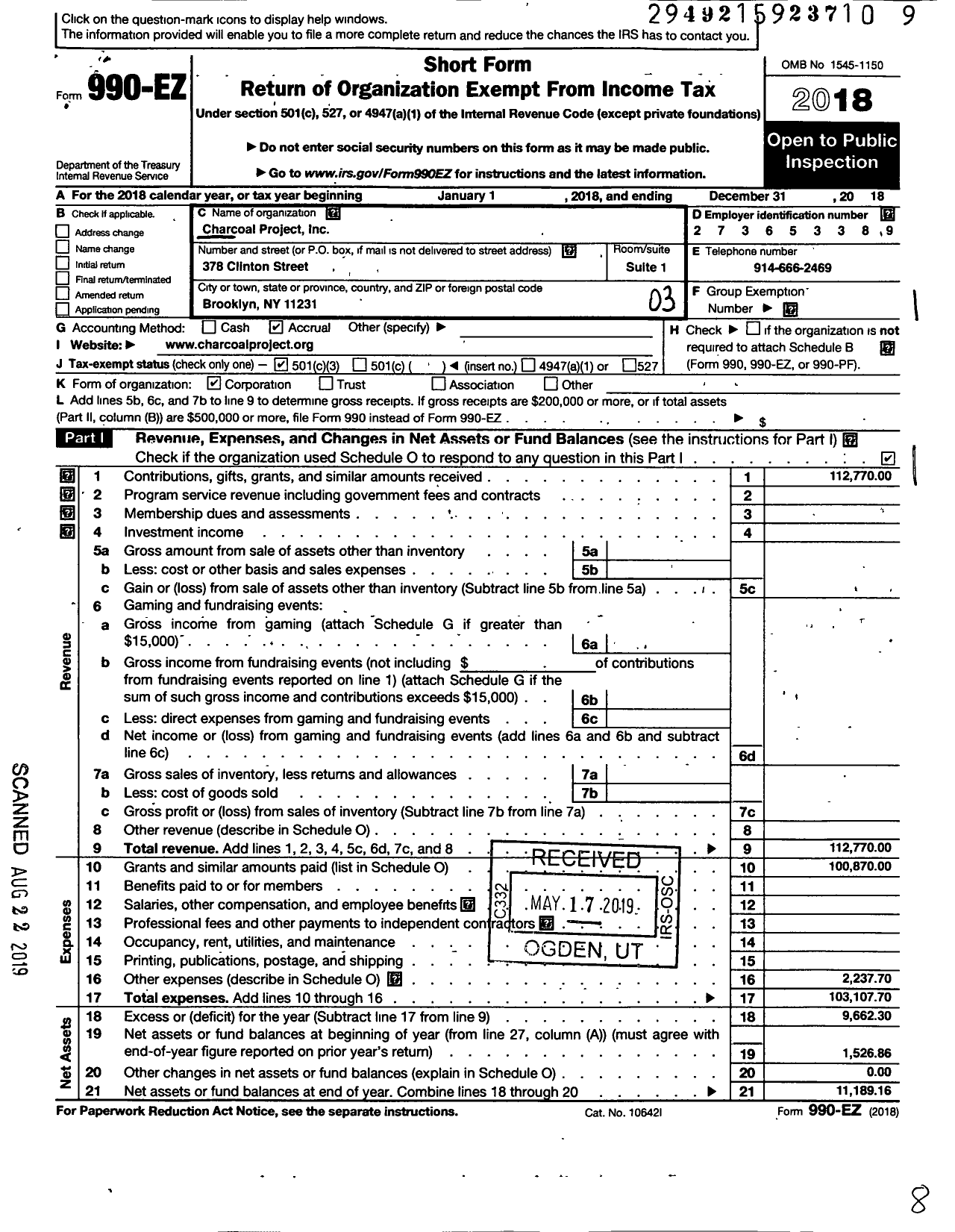 Image of first page of 2018 Form 990EZ for Charcoal Project