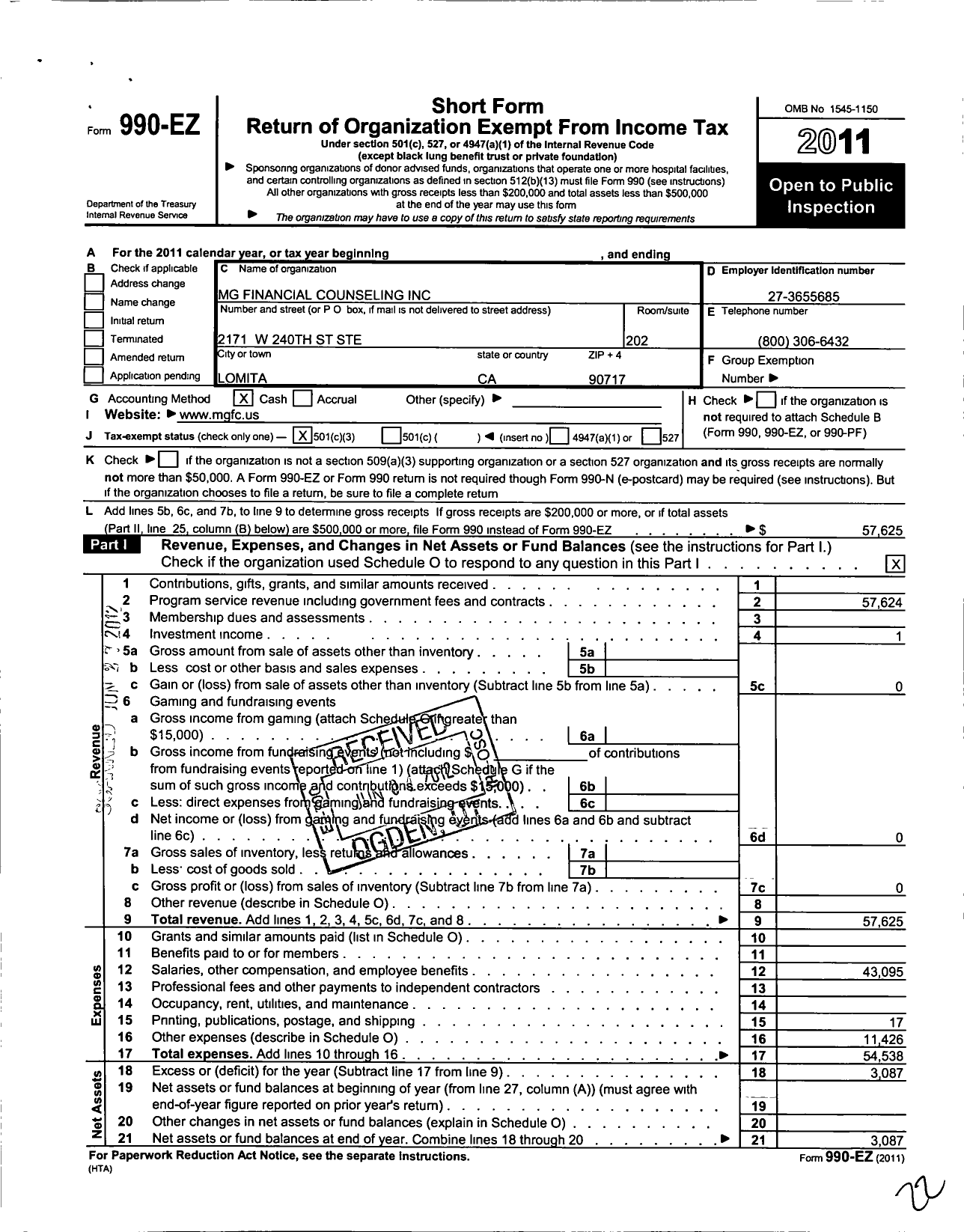 Image of first page of 2011 Form 990EZ for MG Financial Counseling