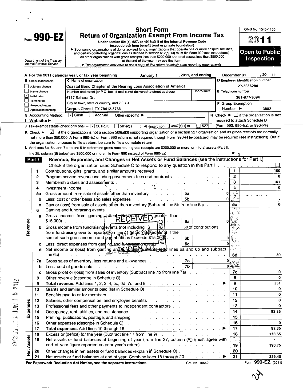 Image of first page of 2011 Form 990EZ for Hearing Loss Association of America / Coastal Bend Chapter