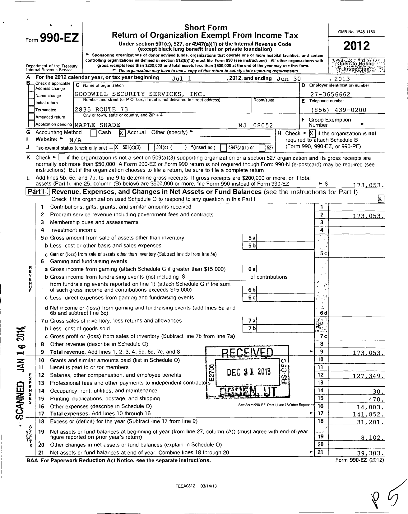 Image of first page of 2012 Form 990EZ for Goodwill Security Services