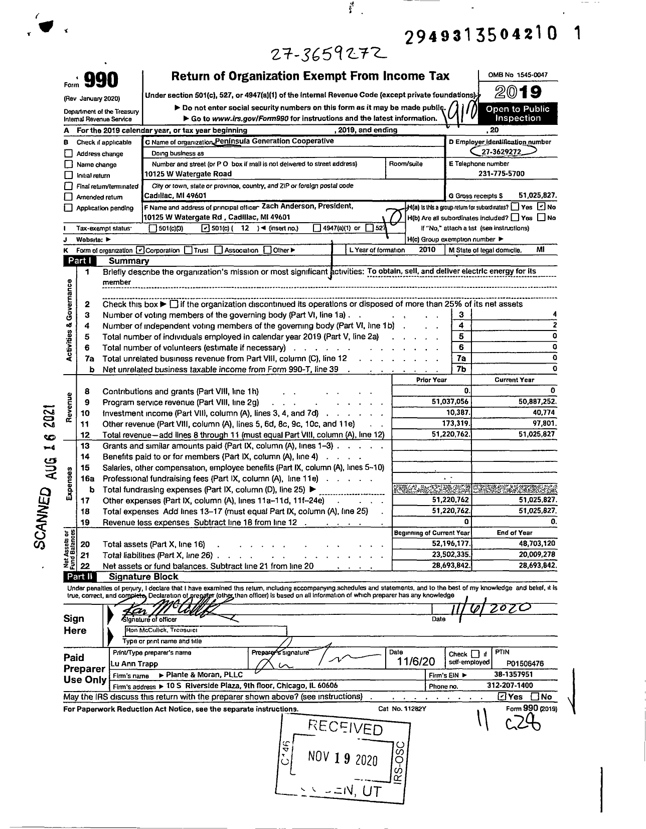 Image of first page of 2019 Form 990O for Peninsula Generation Cooperative