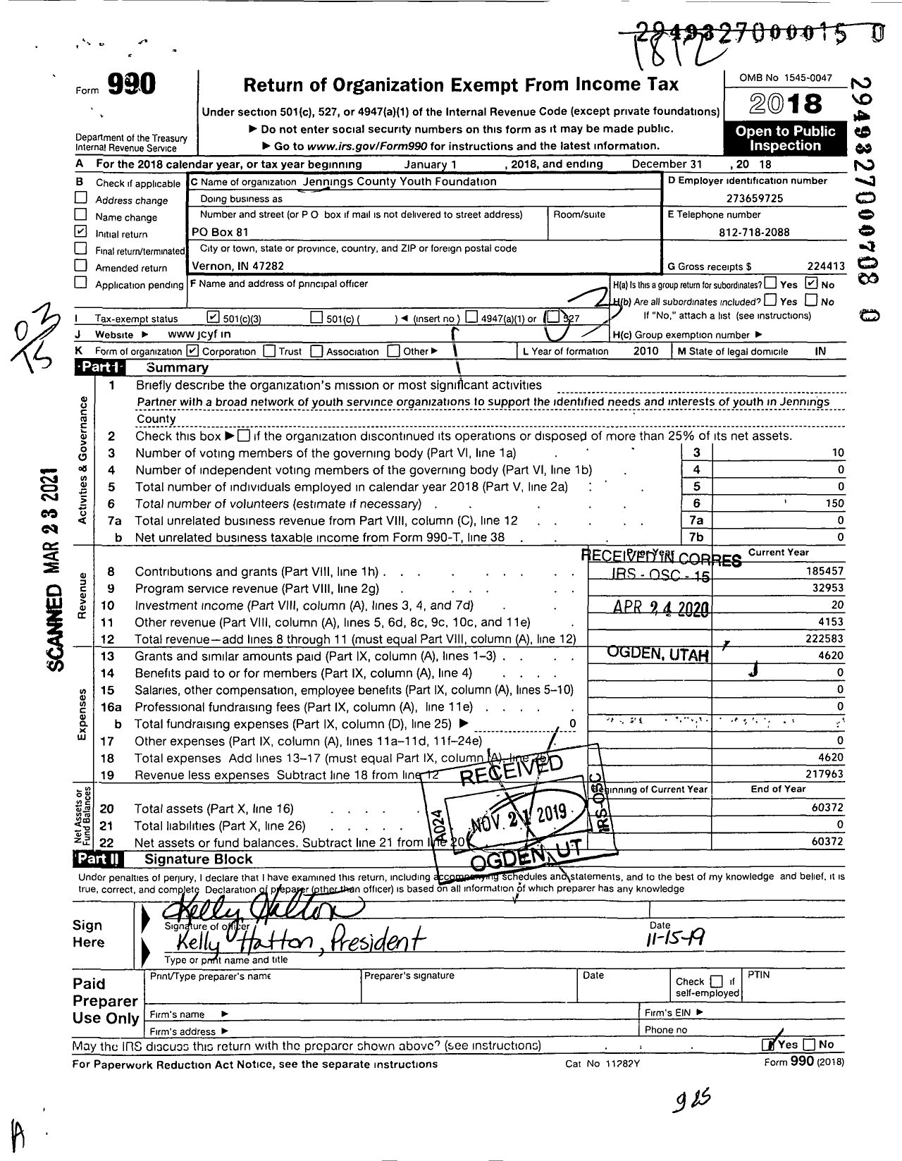 Image of first page of 2018 Form 990 for Jennings County Youth Foundation