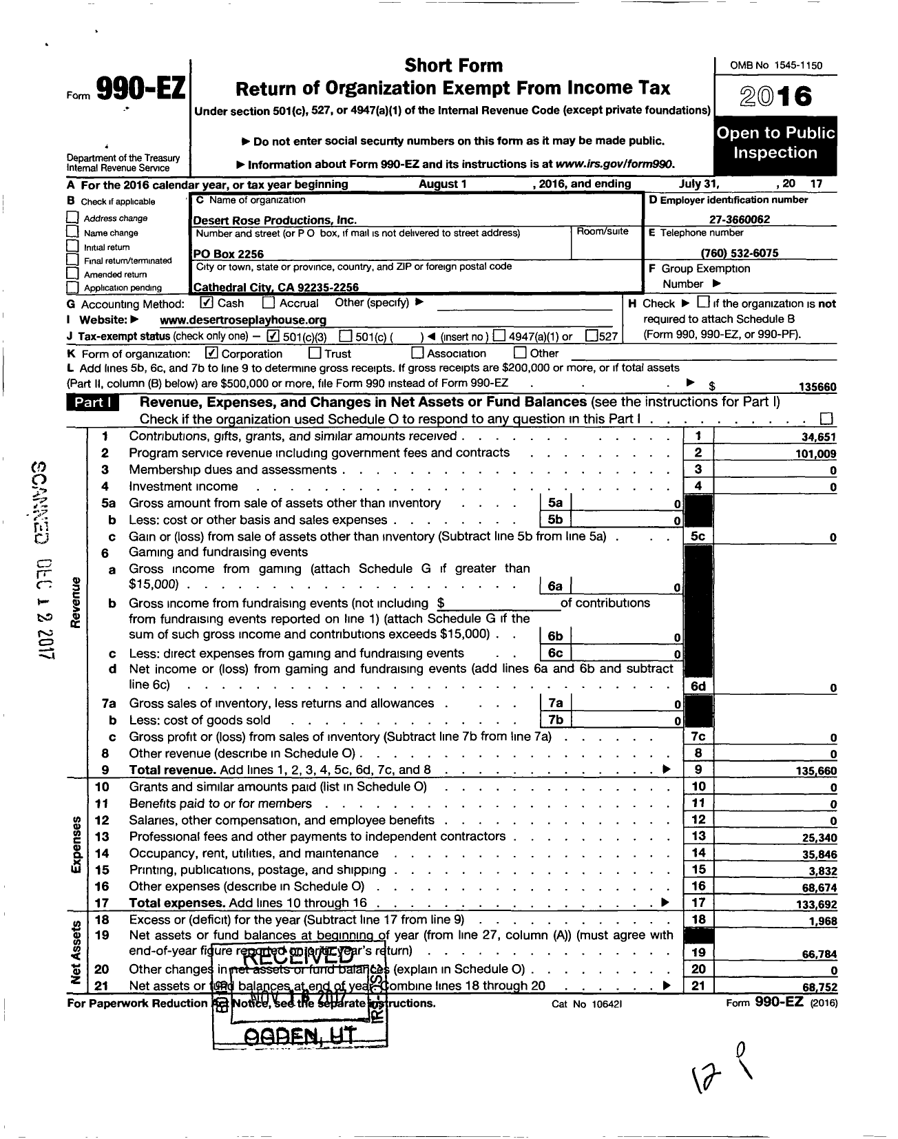 Image of first page of 2016 Form 990EZ for Desert Rose Productions