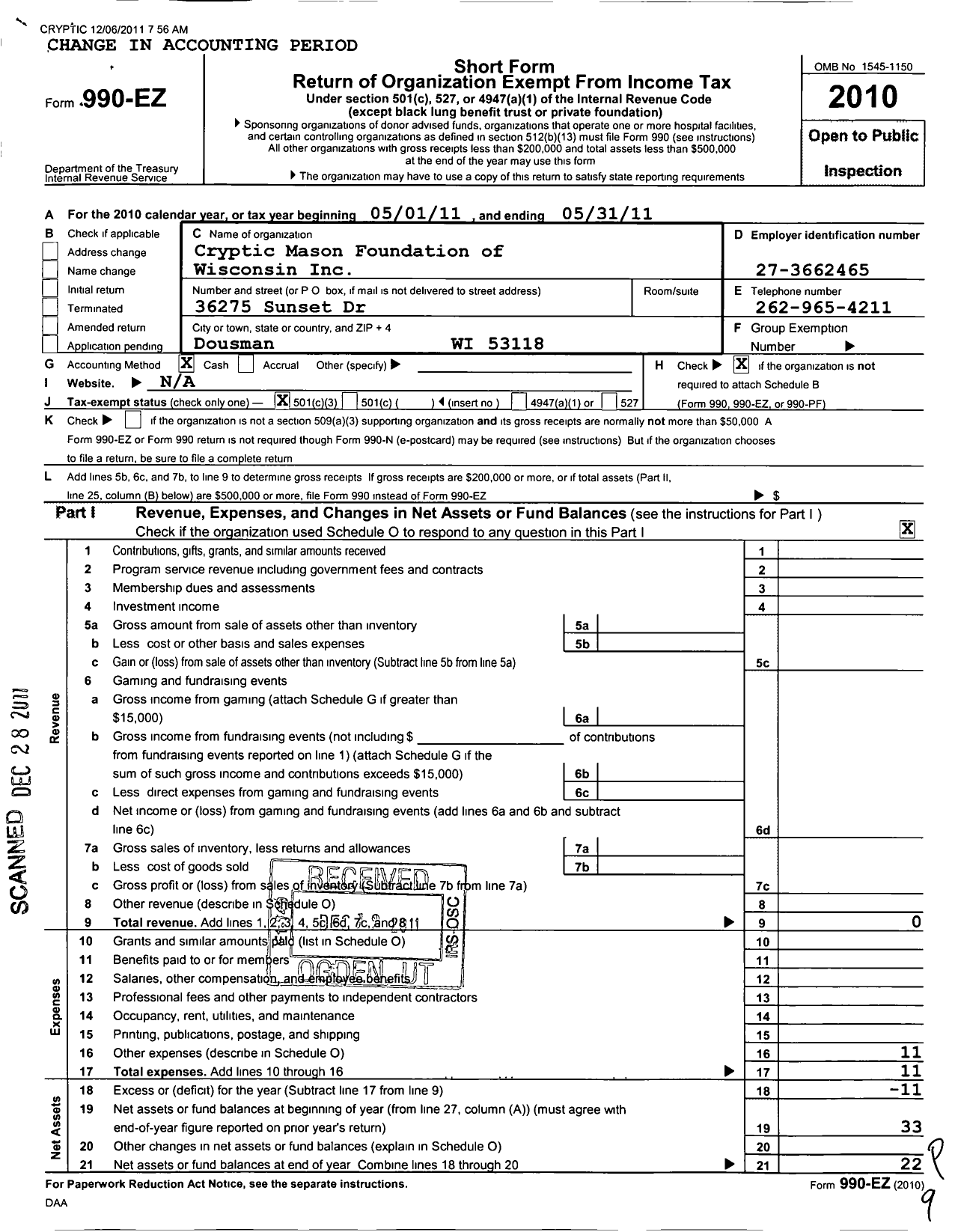 Image of first page of 2010 Form 990EZ for Cryptic Mason Foundation of Wisconsin