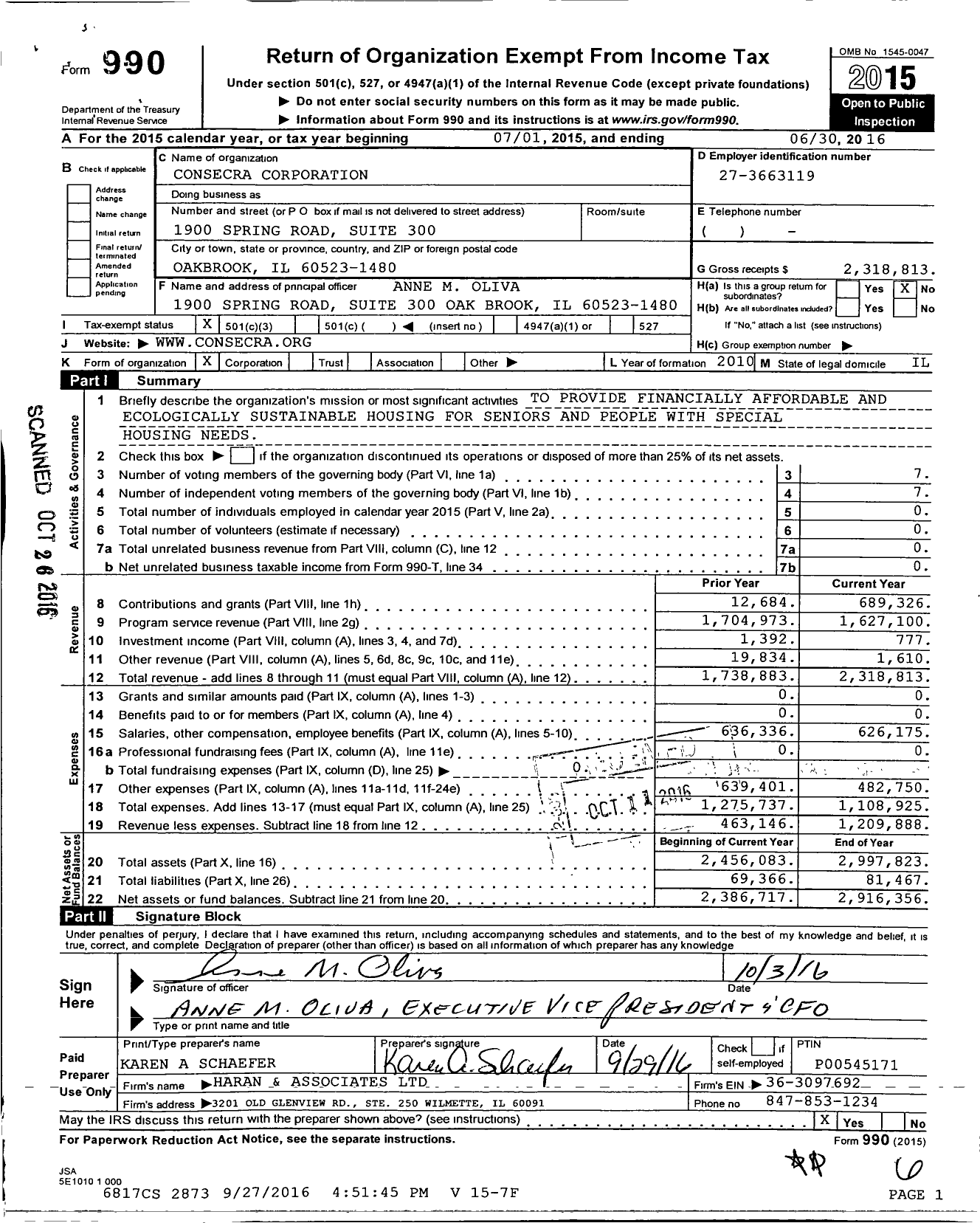 Image of first page of 2015 Form 990 for Embrace Living Communities / Consecra Housing Network