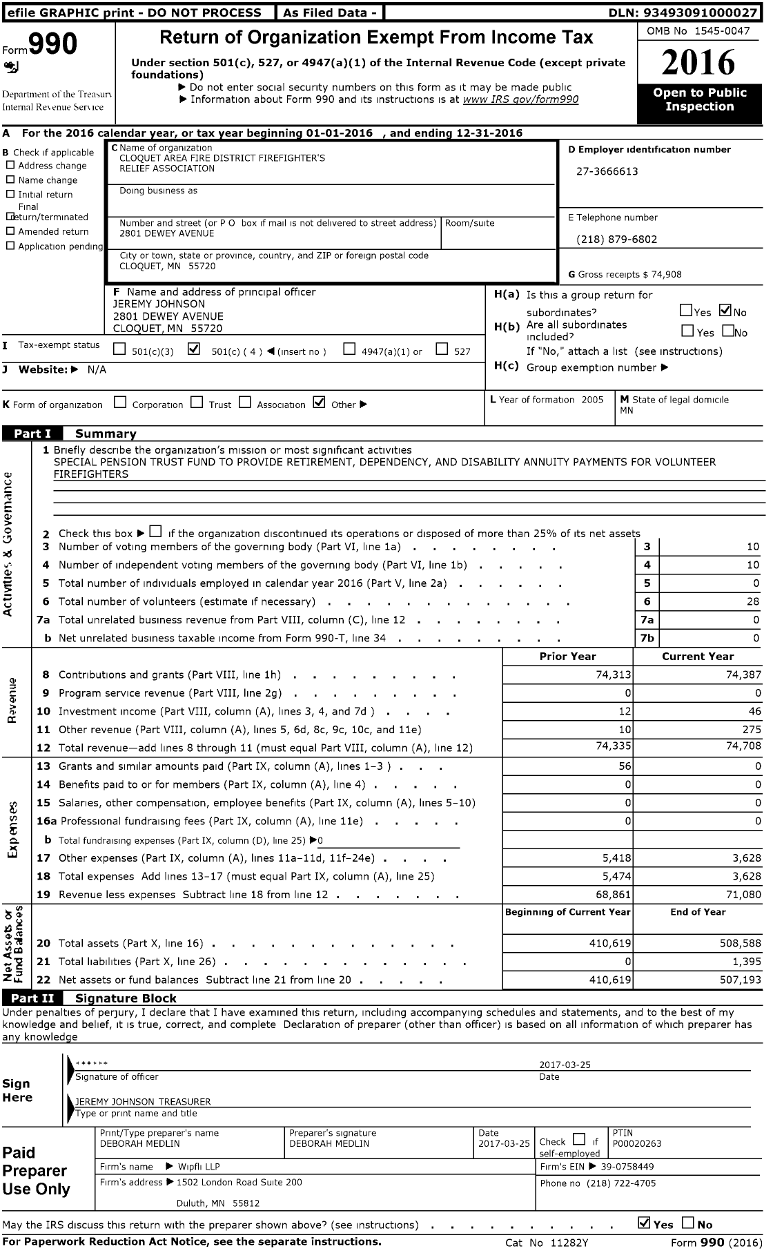 Image of first page of 2016 Form 990O for Cloquet Area Fire District Firefighter's Relief Association
