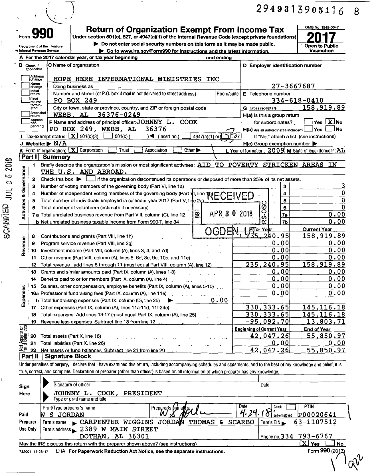 Image of first page of 2017 Form 990 for Hope Here International Ministries