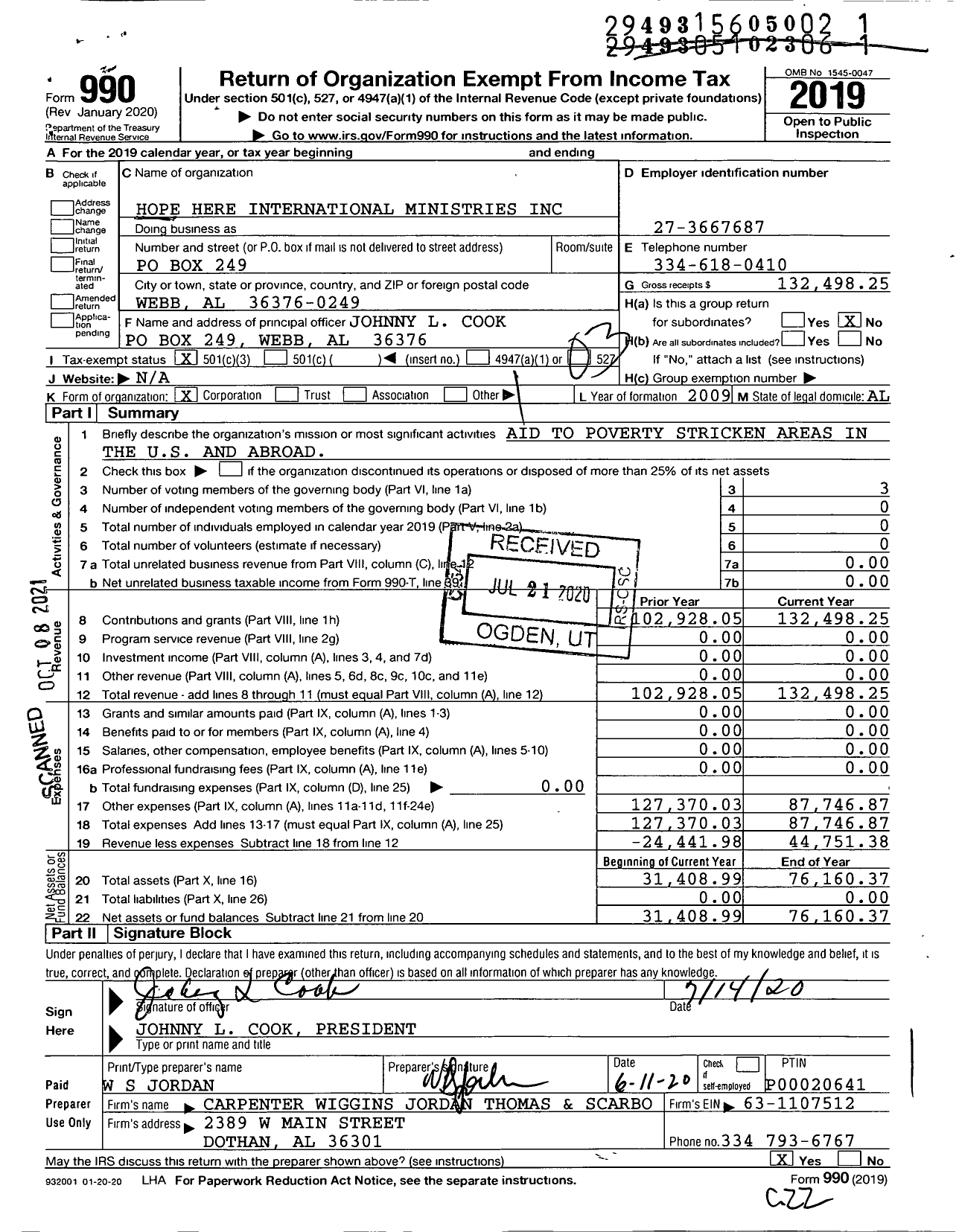 Image of first page of 2019 Form 990 for Hope Here International Ministries