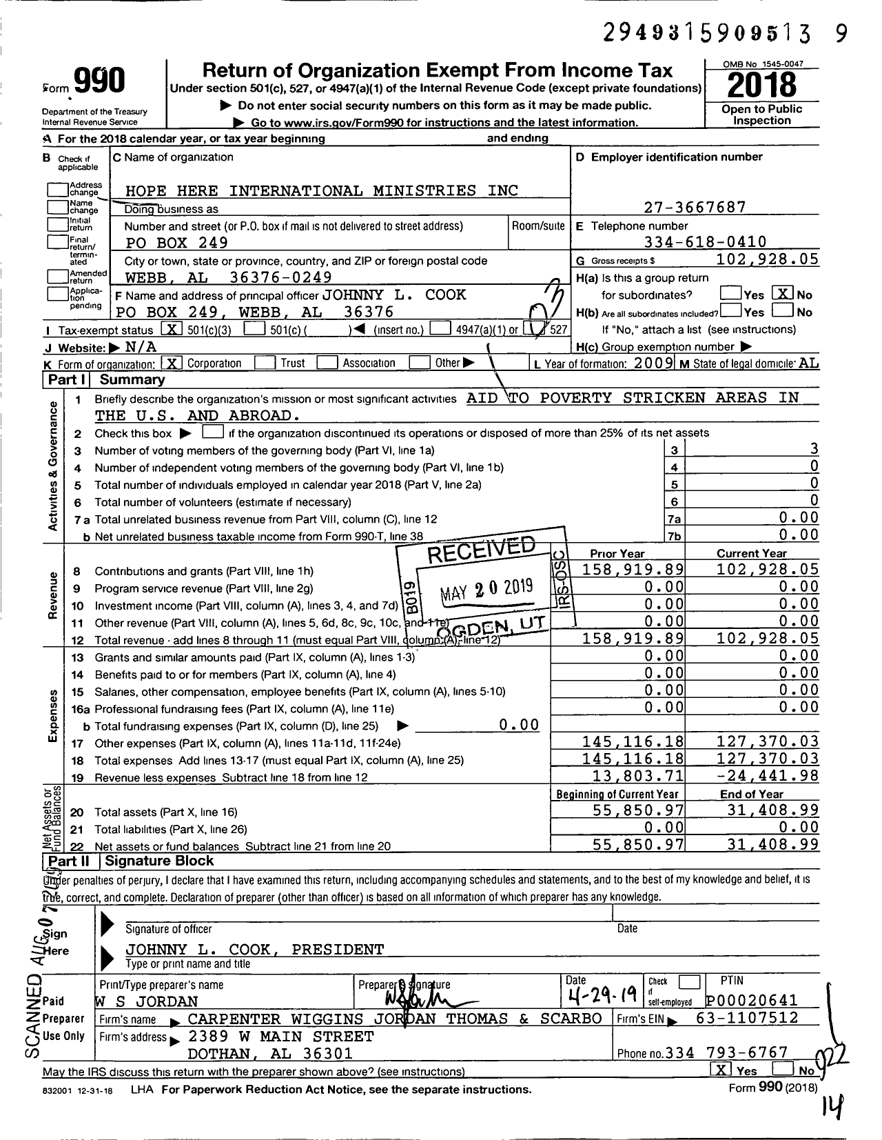 Image of first page of 2018 Form 990 for Hope Here International Ministries