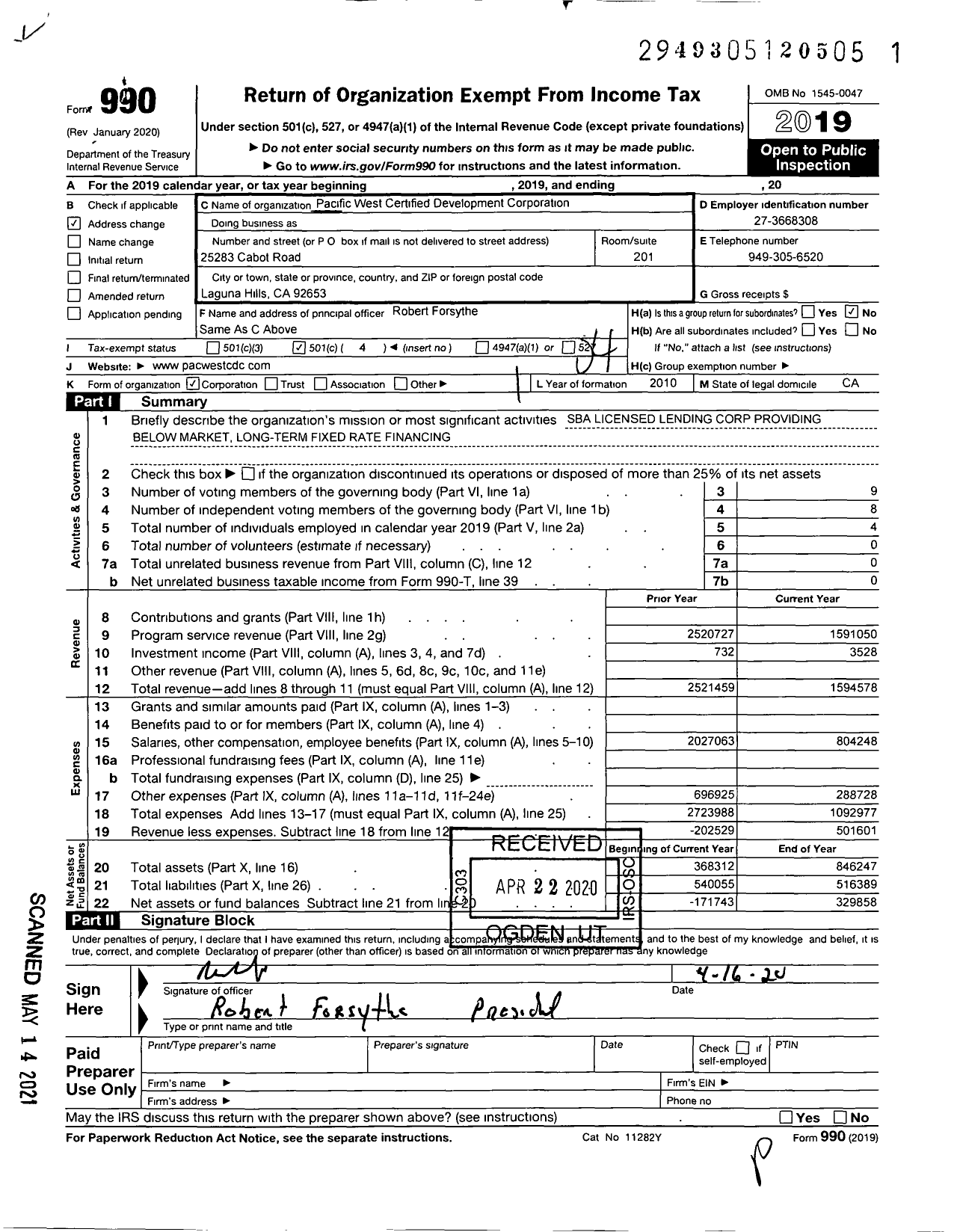 Image of first page of 2019 Form 990O for Pacific West Certified Development Corporation