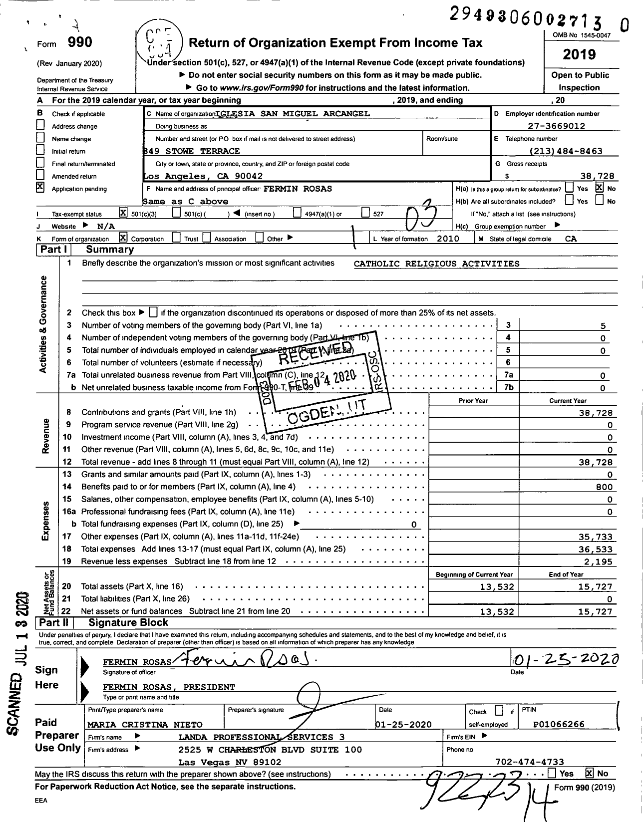 Image of first page of 2019 Form 990 for Iglesia San Miguel Arcangel