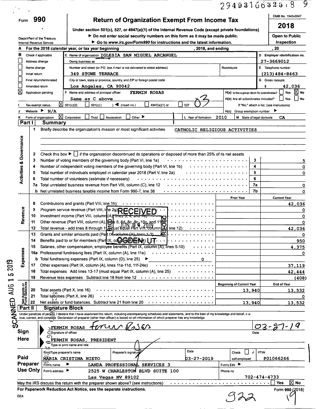 Image of first page of 2018 Form 990 for Iglesia San Miguel Arcangel