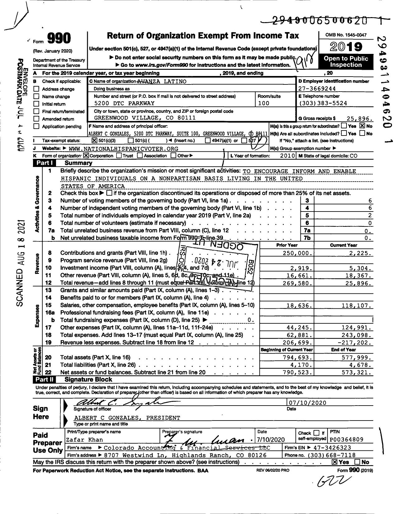 Image of first page of 2019 Form 990 for Avanza Latino