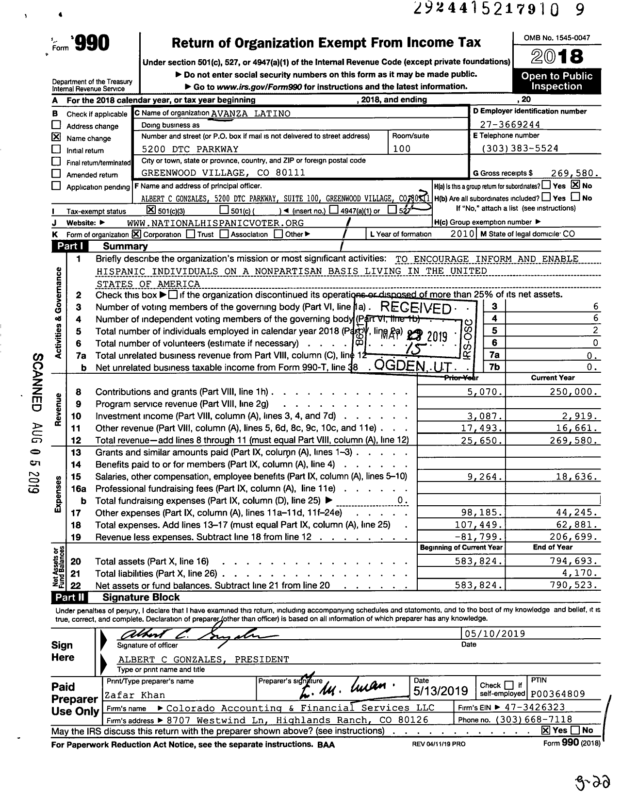 Image of first page of 2018 Form 990 for Avanza Latino