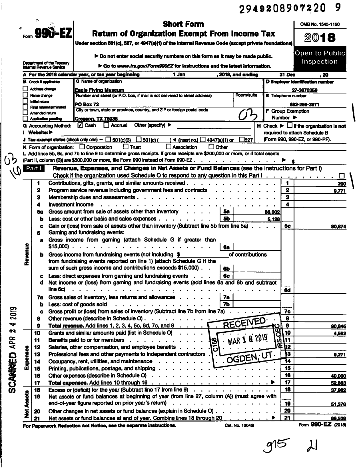 Image of first page of 2018 Form 990EZ for Eagle Flying Museum