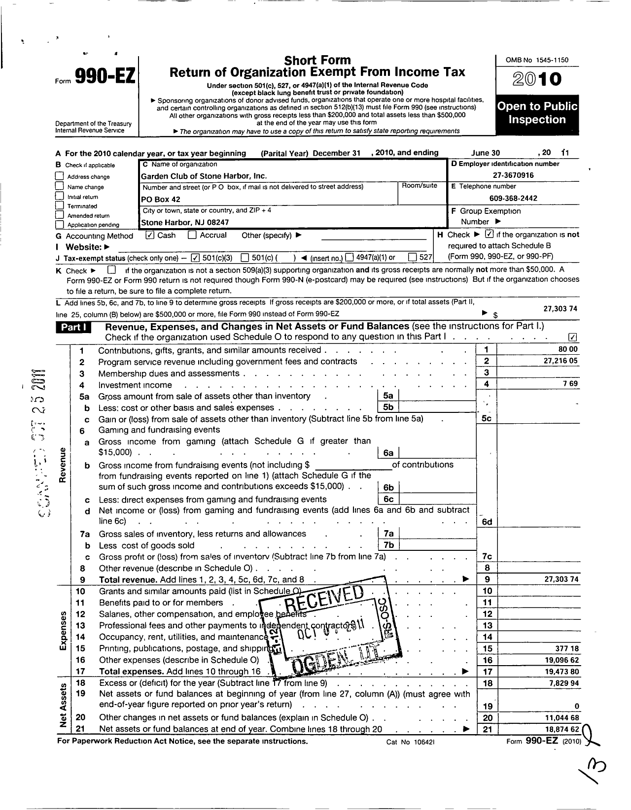 Image of first page of 2010 Form 990EZ for The Garden Club of Stone Harbor