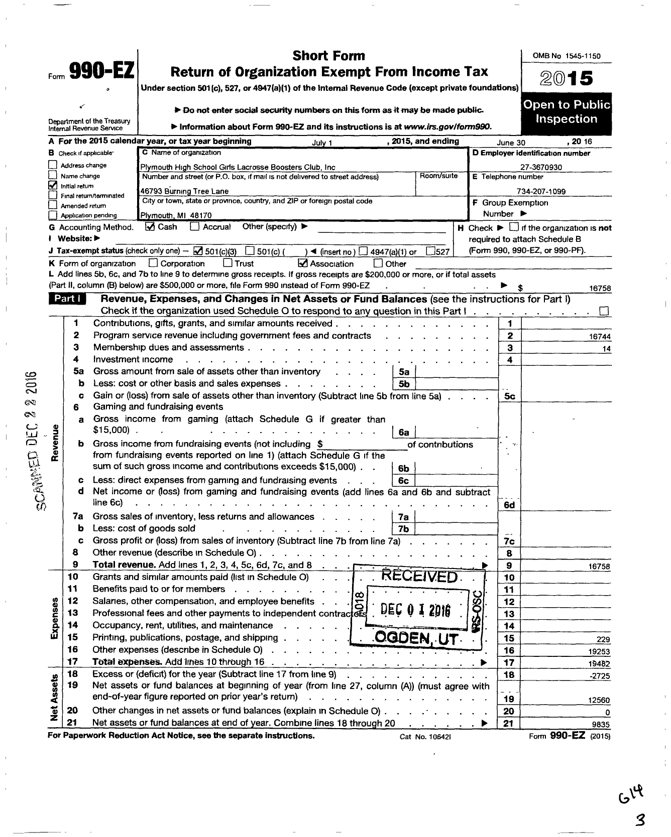 Image of first page of 2015 Form 990EZ for Plymouth High School Girls Lacrosse Booster Club