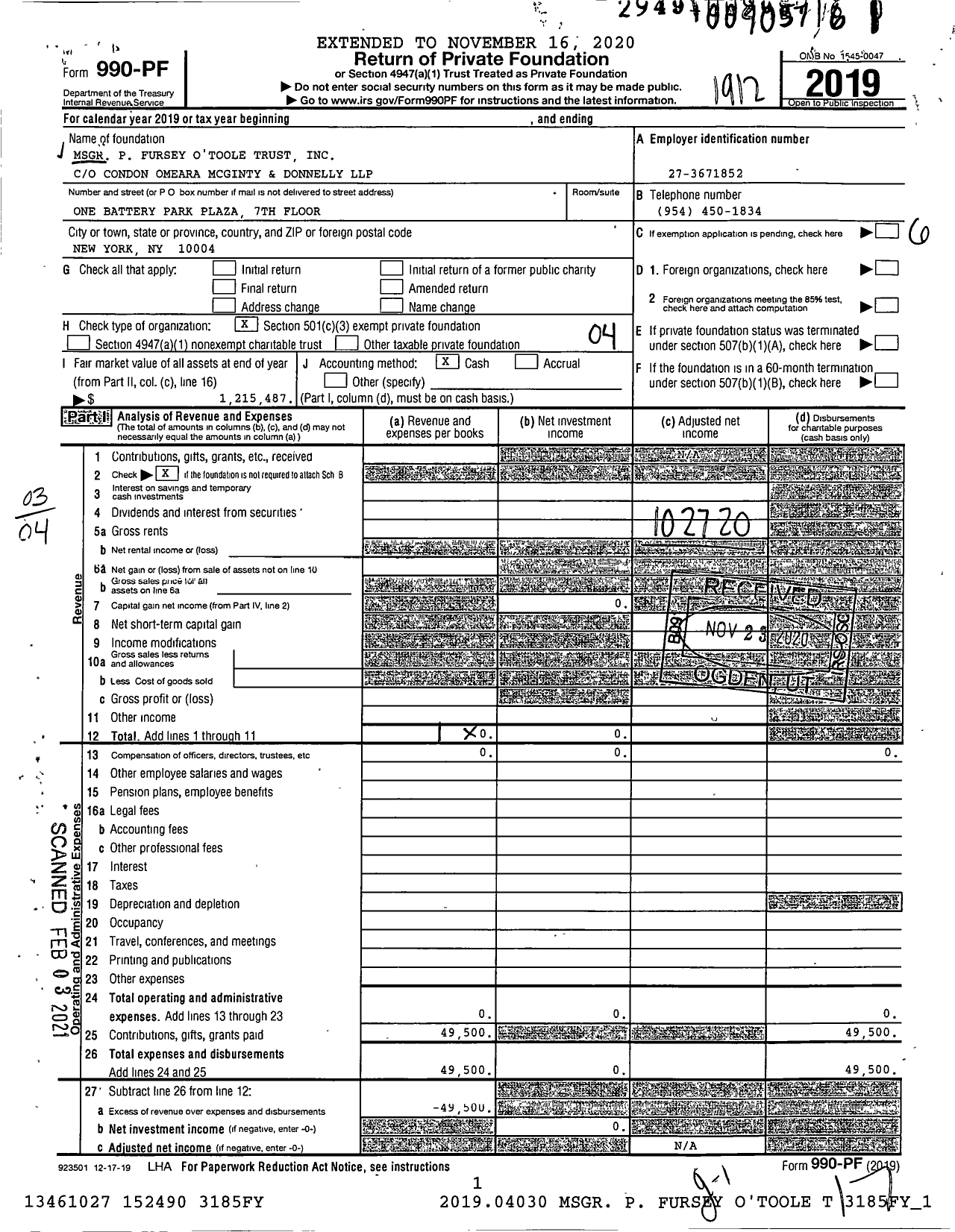 Image of first page of 2019 Form 990PF for MSGR P Fursey O'Toole Trust