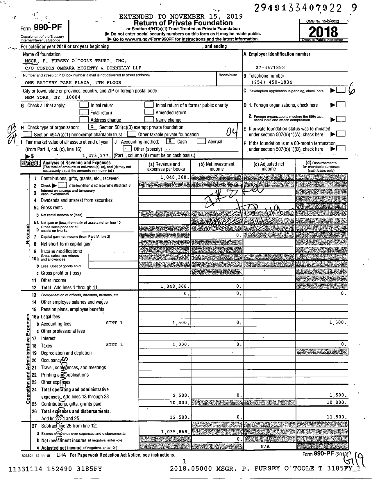 Image of first page of 2018 Form 990PF for MSGR P Fursey O'Toole Trust