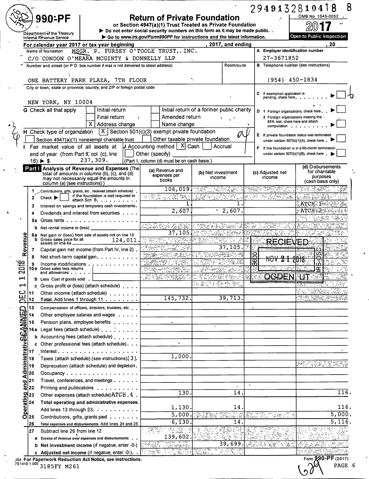 Image of first page of 2017 Form 990PF for MSGR P Fursey O'Toole Trust