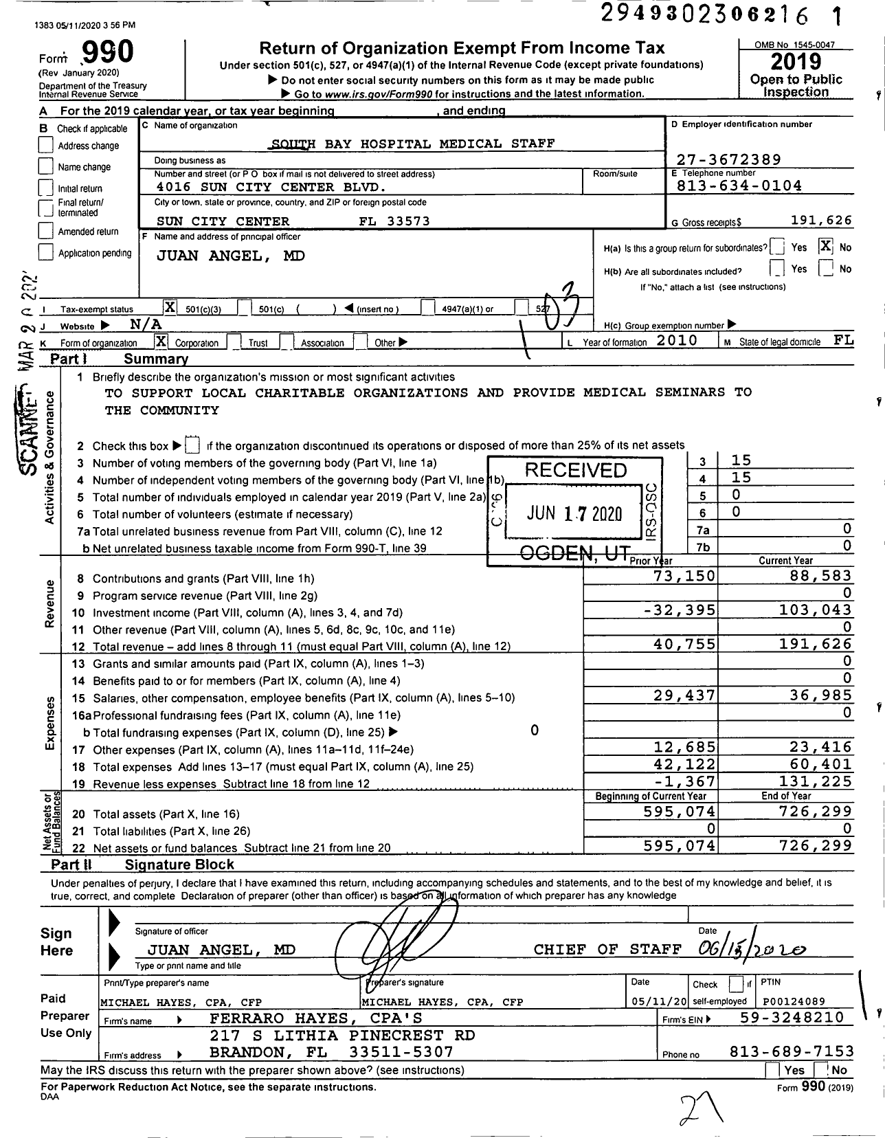 Image of first page of 2019 Form 990 for South Bay Hospital Medical Staff