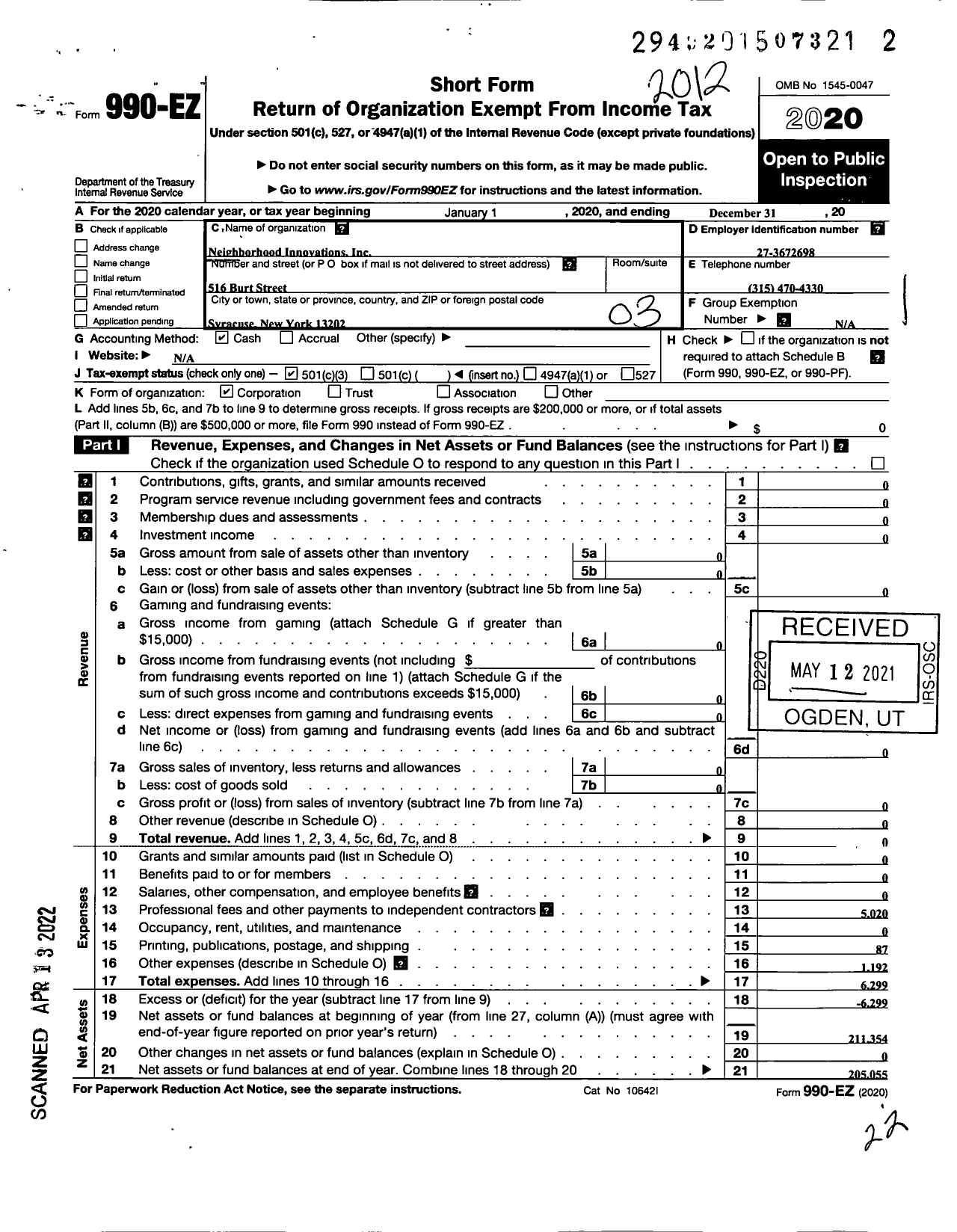 Image of first page of 2020 Form 990EZ for Neighborhood Innovations