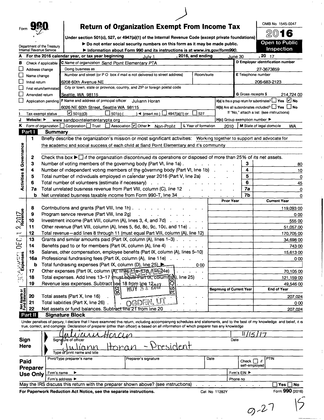 Image of first page of 2016 Form 990 for Sand Point Elementary PTA