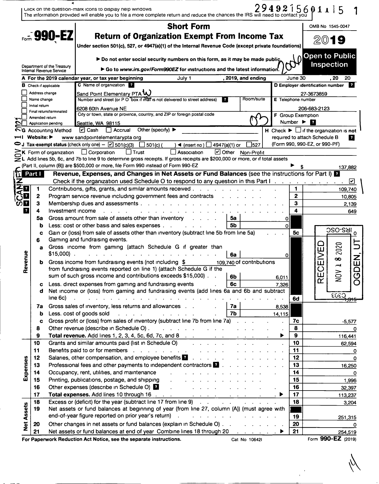 Image of first page of 2019 Form 990EZ for Sand Point Elementary PTA